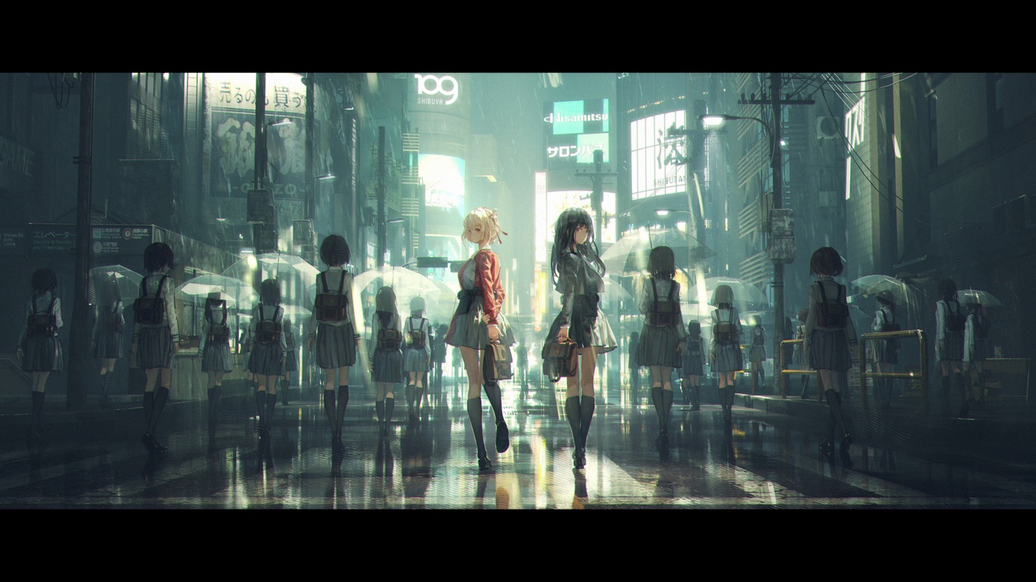 fen_bang_laoda, inoue_takina, lycoris_recoil, nishikigi_chisato, seifuku, umbrella, wallpaper, wet