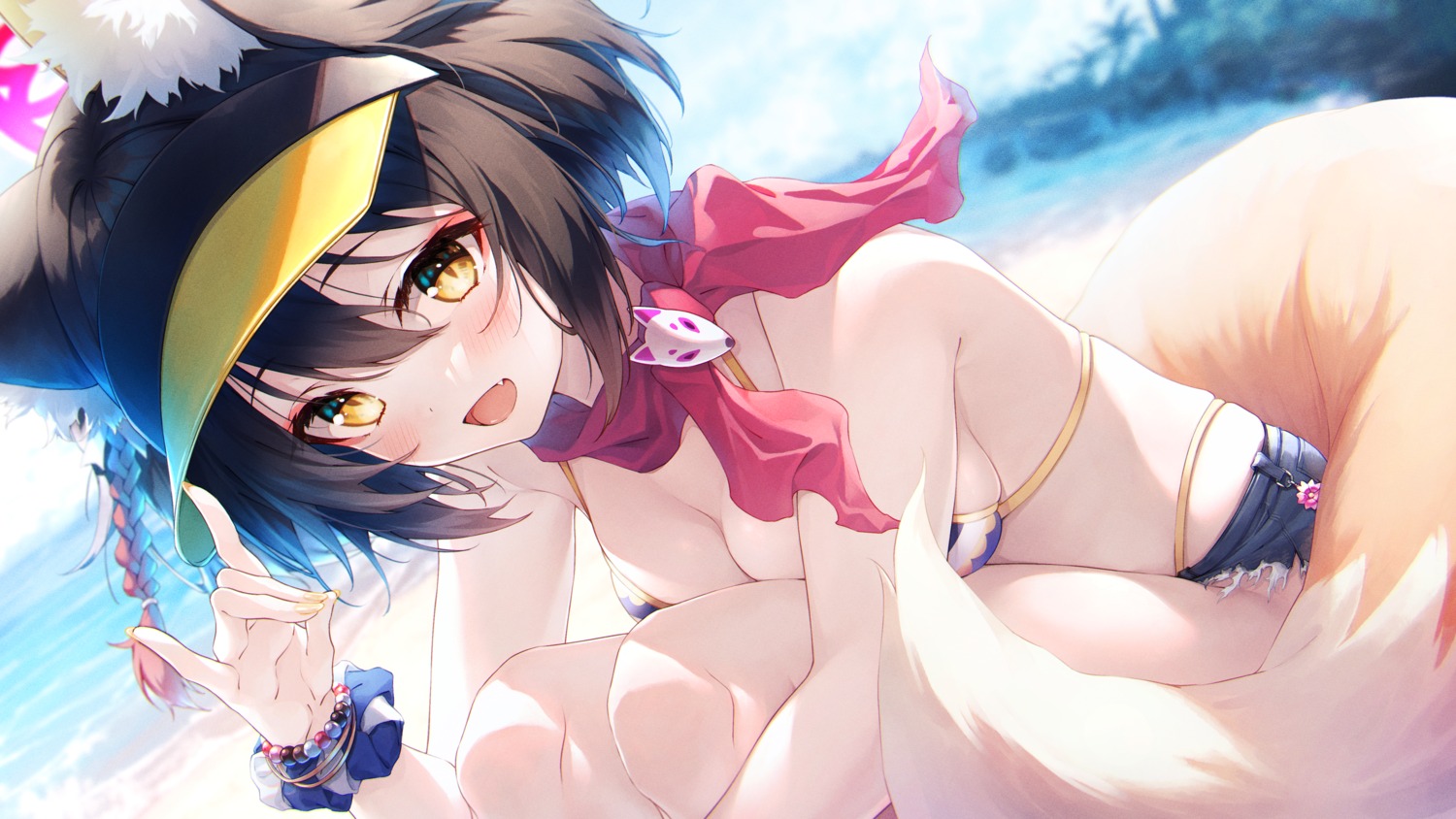 animal_ears, bikini, blue_archive, halo, hasumi_(hasubatake39), kitsune, kuda_izuna, swimsuits, tail