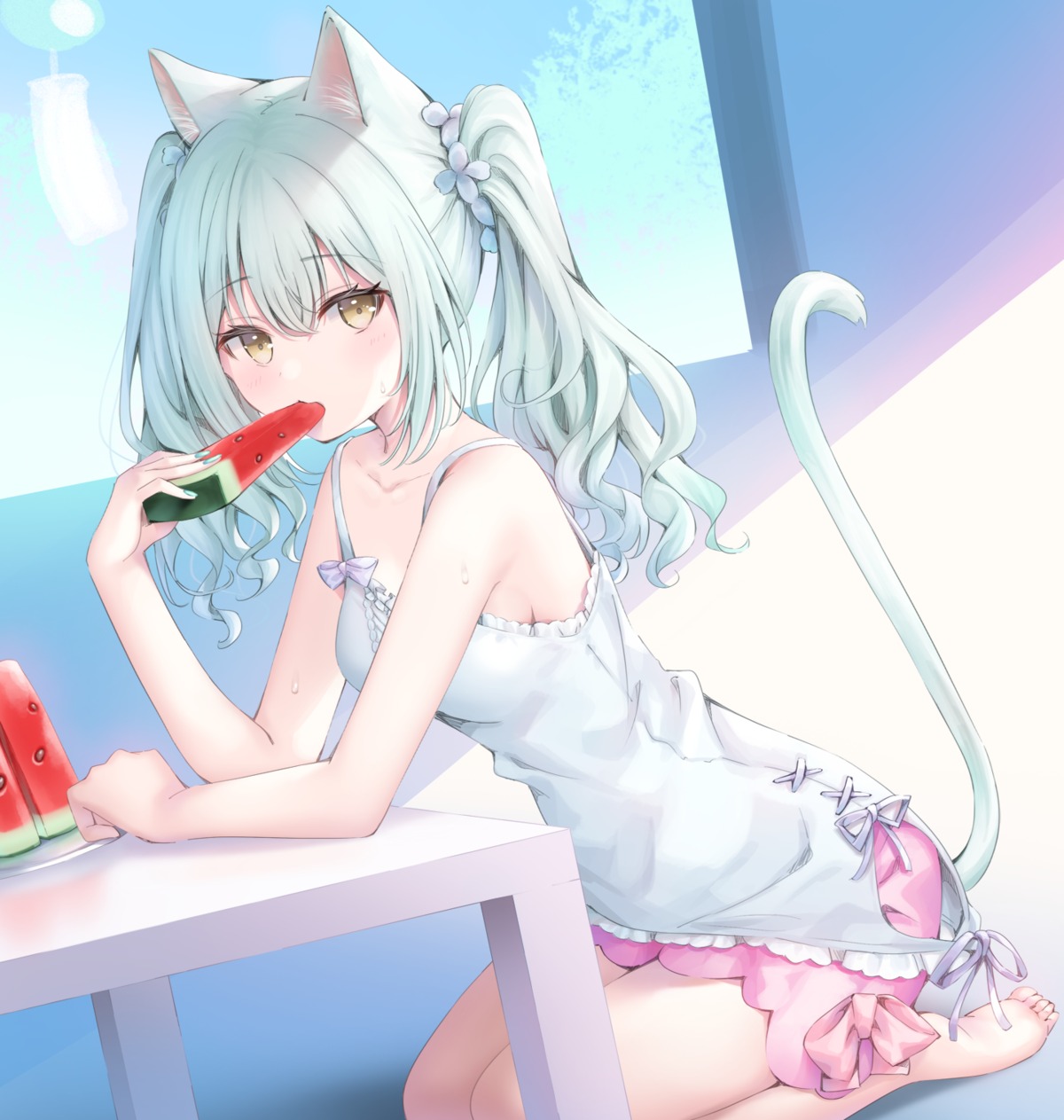 animal_ears, dress, murano, nekomimi, summer_dress, tail