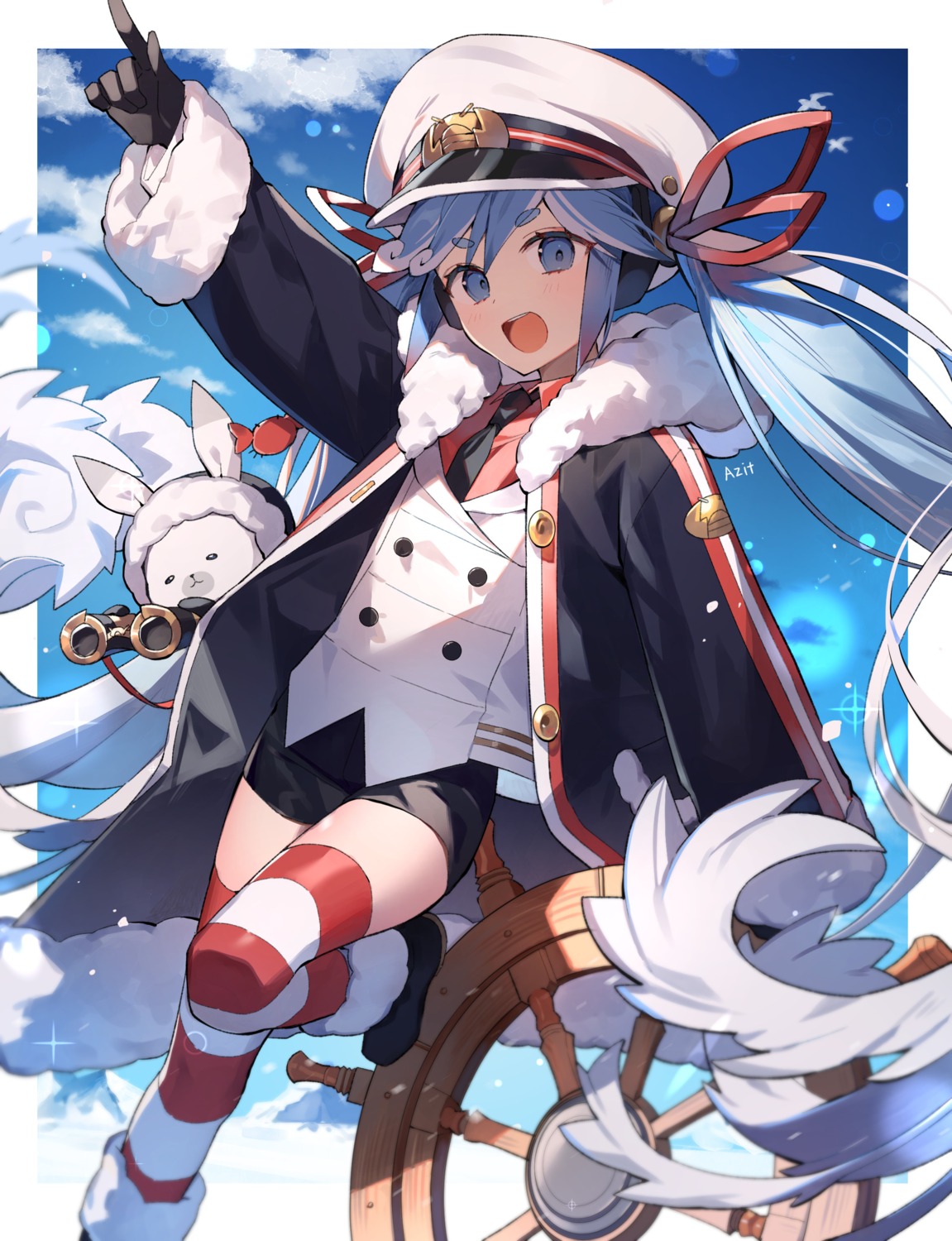 azit_(down), hatsune_miku, rabbit_yukine, thighhighs, uniform, vocaloid, yuki_miku