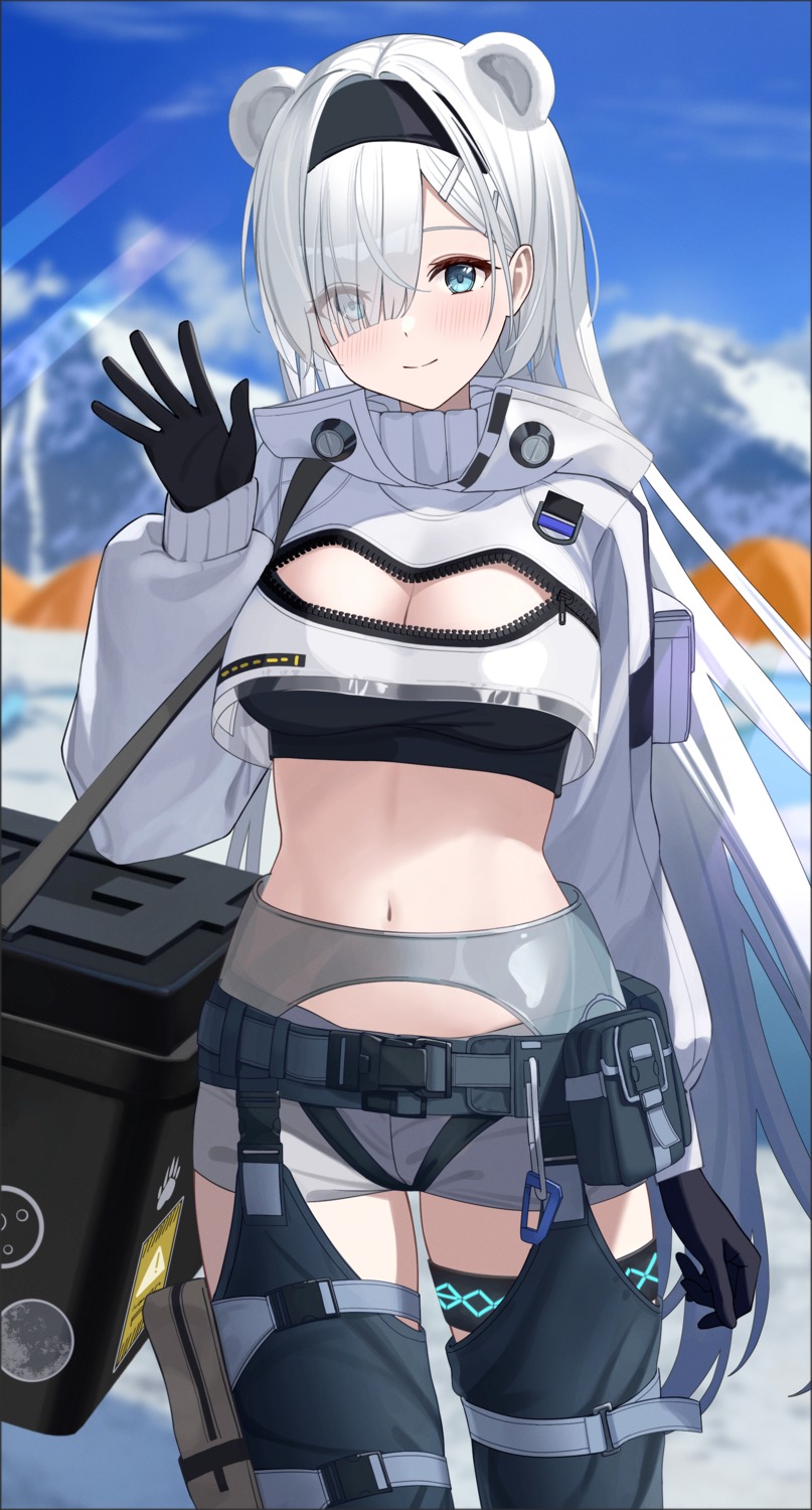 animal_ears, arknights, aurora_(arknights), cleavage, garter, stockings, teruru0321, thighhighs