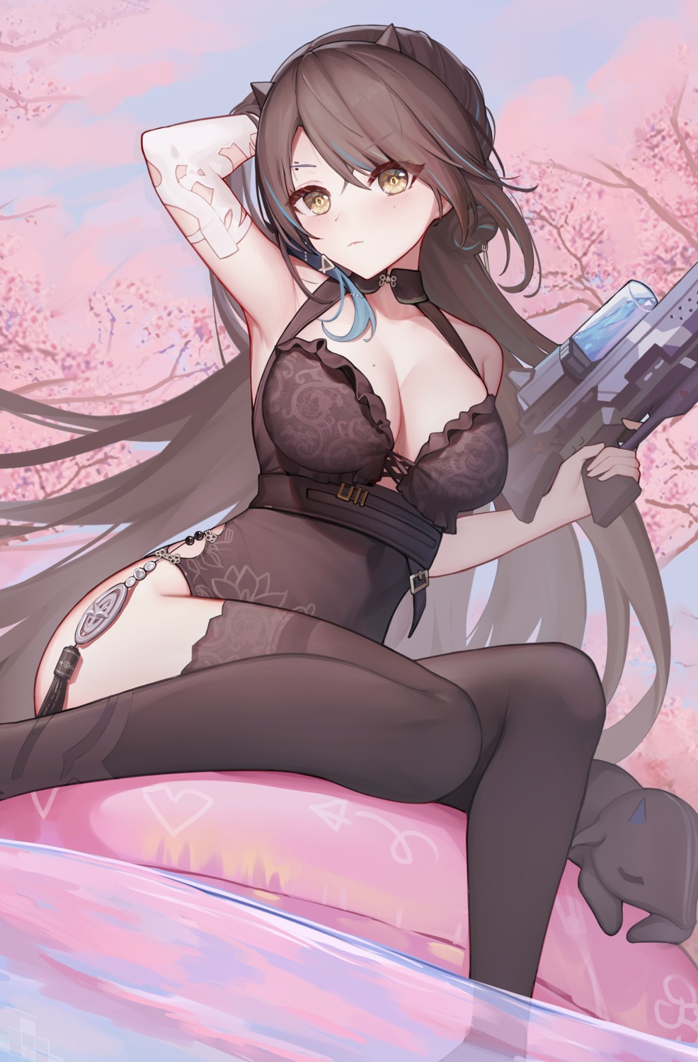 arknights, blacknight_(arknights), cyanide-whale, gun, thighhighs