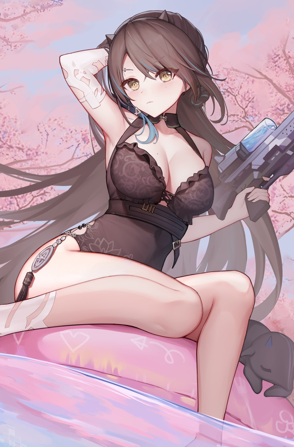 arknights, blacknight_(arknights), cyanide-whale, gun, no_bra