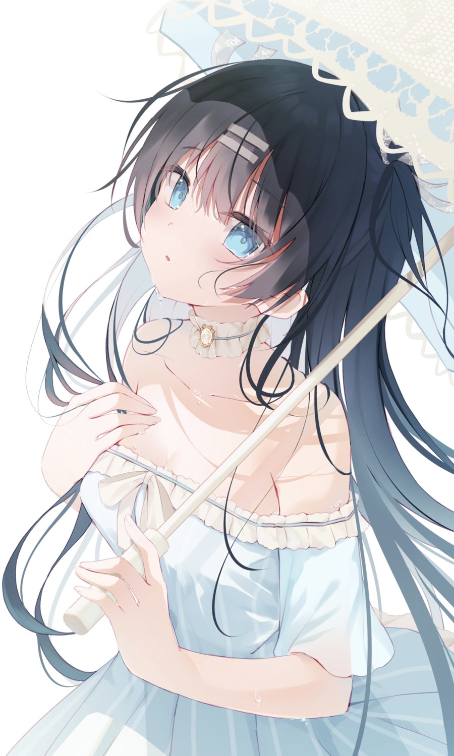 breast_hold, cleavage, dress, humuyun, no_bra, tsukune_(humuyun), umbrella, wet