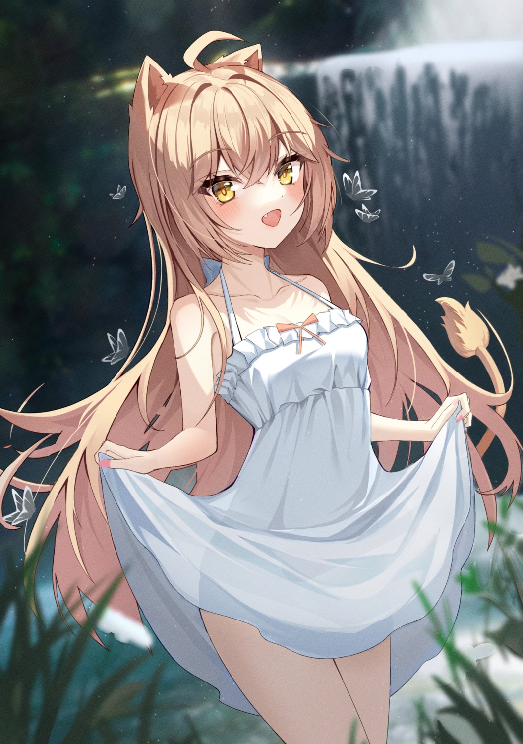 animal_ears, dress, indie_virtual_youtuber, kaku_(walletbreaker), rurudo_lion, see_through, skirt_lift, summer_dress, tail