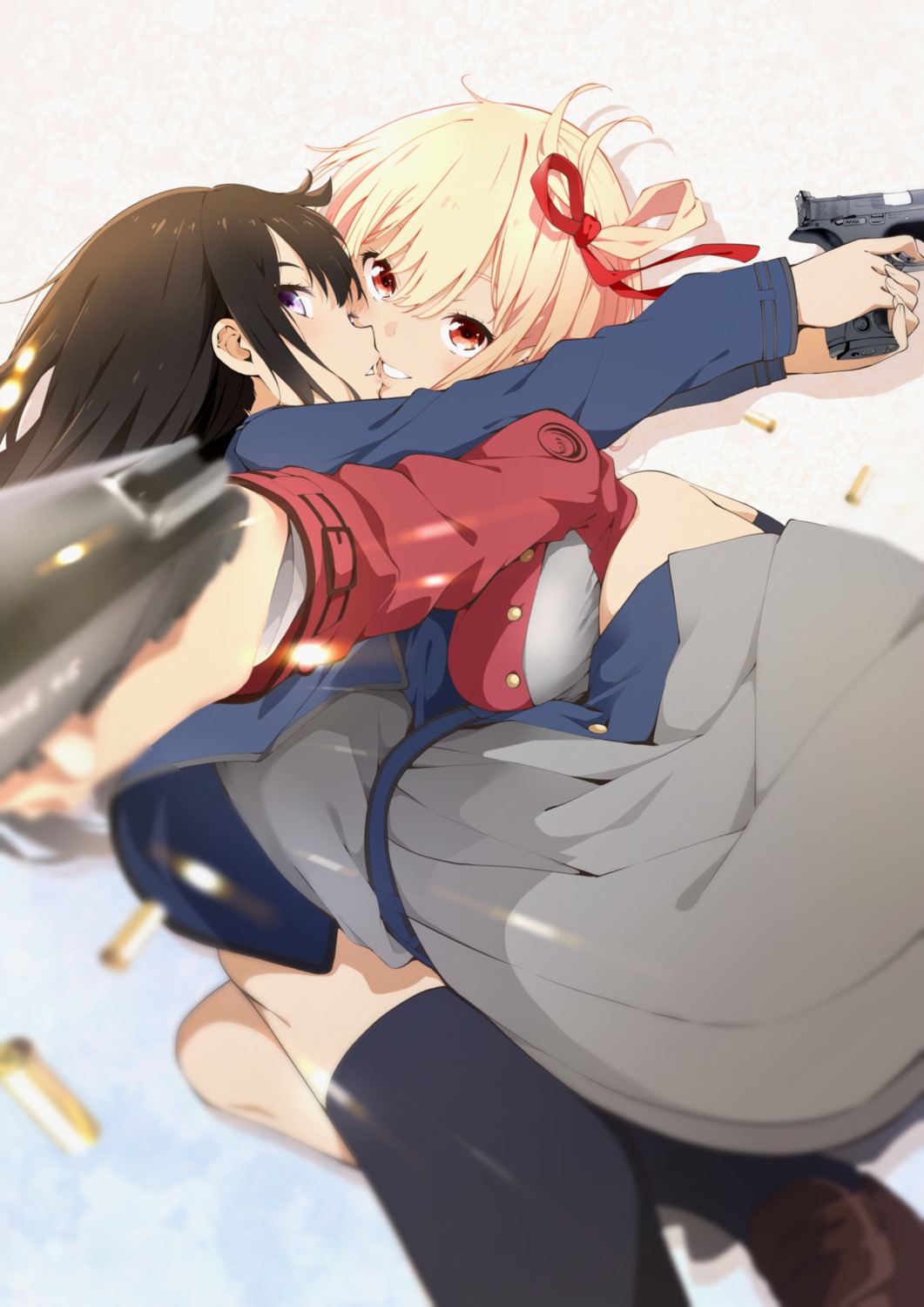 gun, hayashi, inoue_takina, lycoris_recoil, nishikigi_chisato, seifuku, yuri