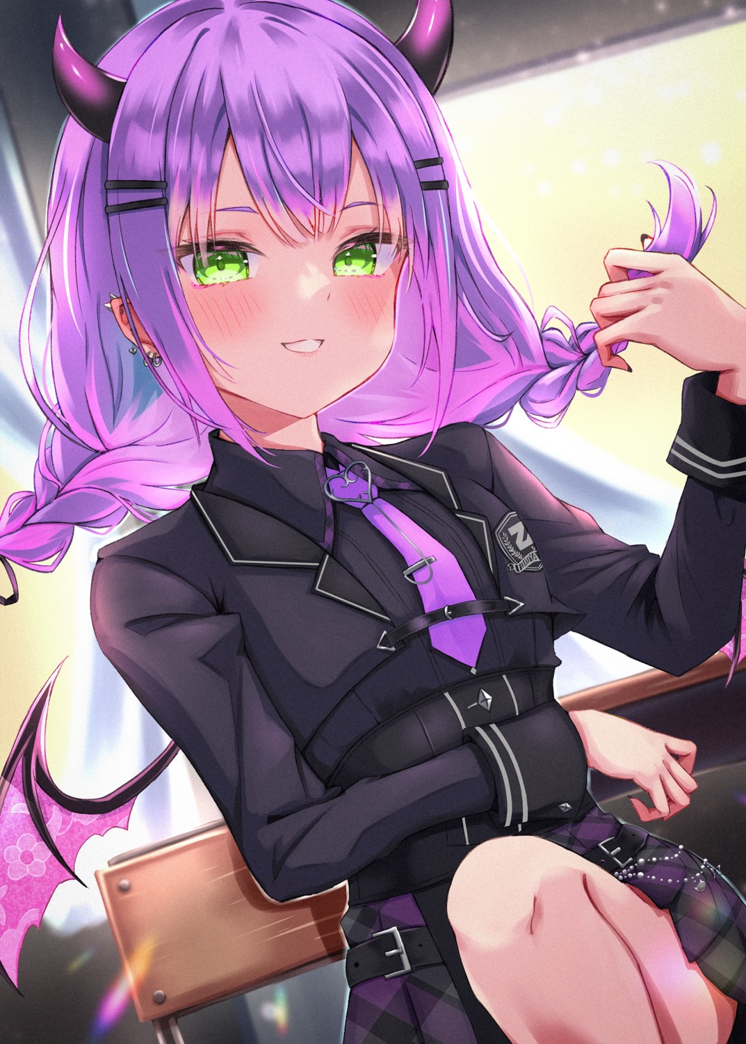 hololive, horns, mihaeru, pointy_ears, seifuku, tokoyami_towa, wings