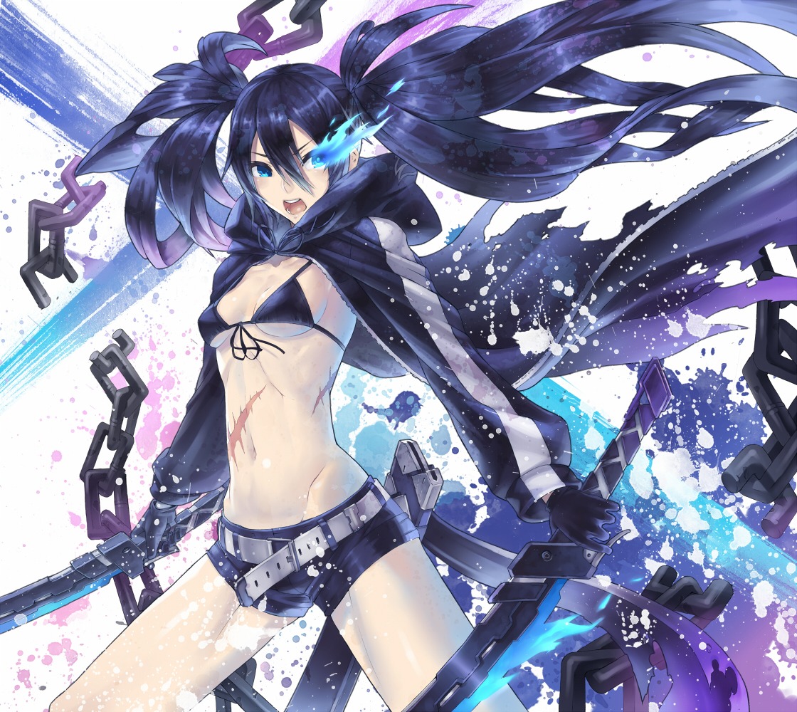2d, 4hands, bikini_top, black_rock_shooter, black_rock_shooter_(character), swimsuits, sword, underboob