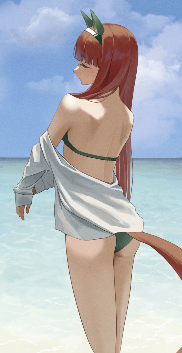 animal_ears, ass, bikini, hoshinopurin, open_shirt, silence_suzuka_(umamusume), swimsuits, tail