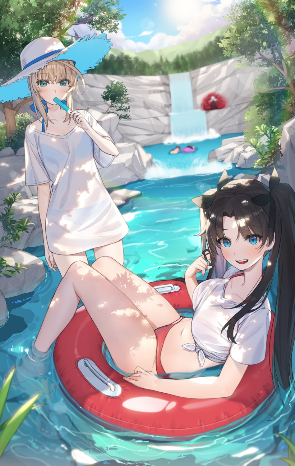 artoria_pendragon_(fate), bikini, fate/stay_night, piyo_(pixiv_2308057), see_through, swimsuits, toosaka_rin, wet