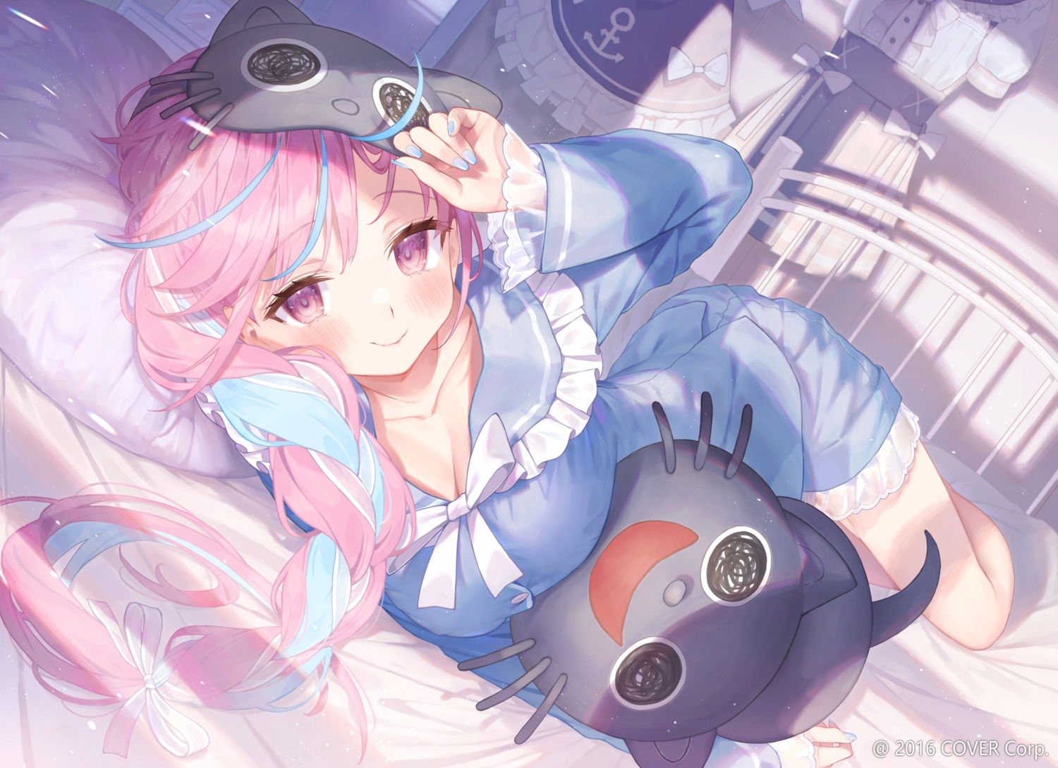 animal_ears, cleavage, hololive, minato_aqua, neko, pajama, rin31153336, tail