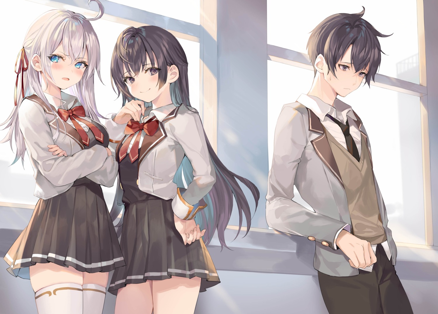 alisa_mikhailovna_kujou, kuze_masachika, momoko_(momopoco), seifuku, suou_yuki, sweater, thighhighs, tokidoki_bosotto_russia-go_de_dereru_tonari_no_alya-san