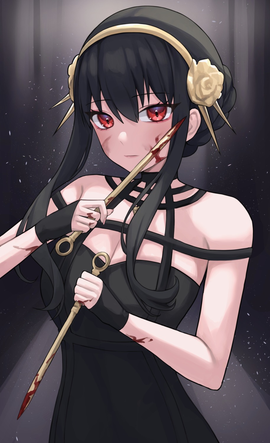 blood, cleavage, dress, mongkyung, no_bra, spy_x_family, weapon, yor_briar