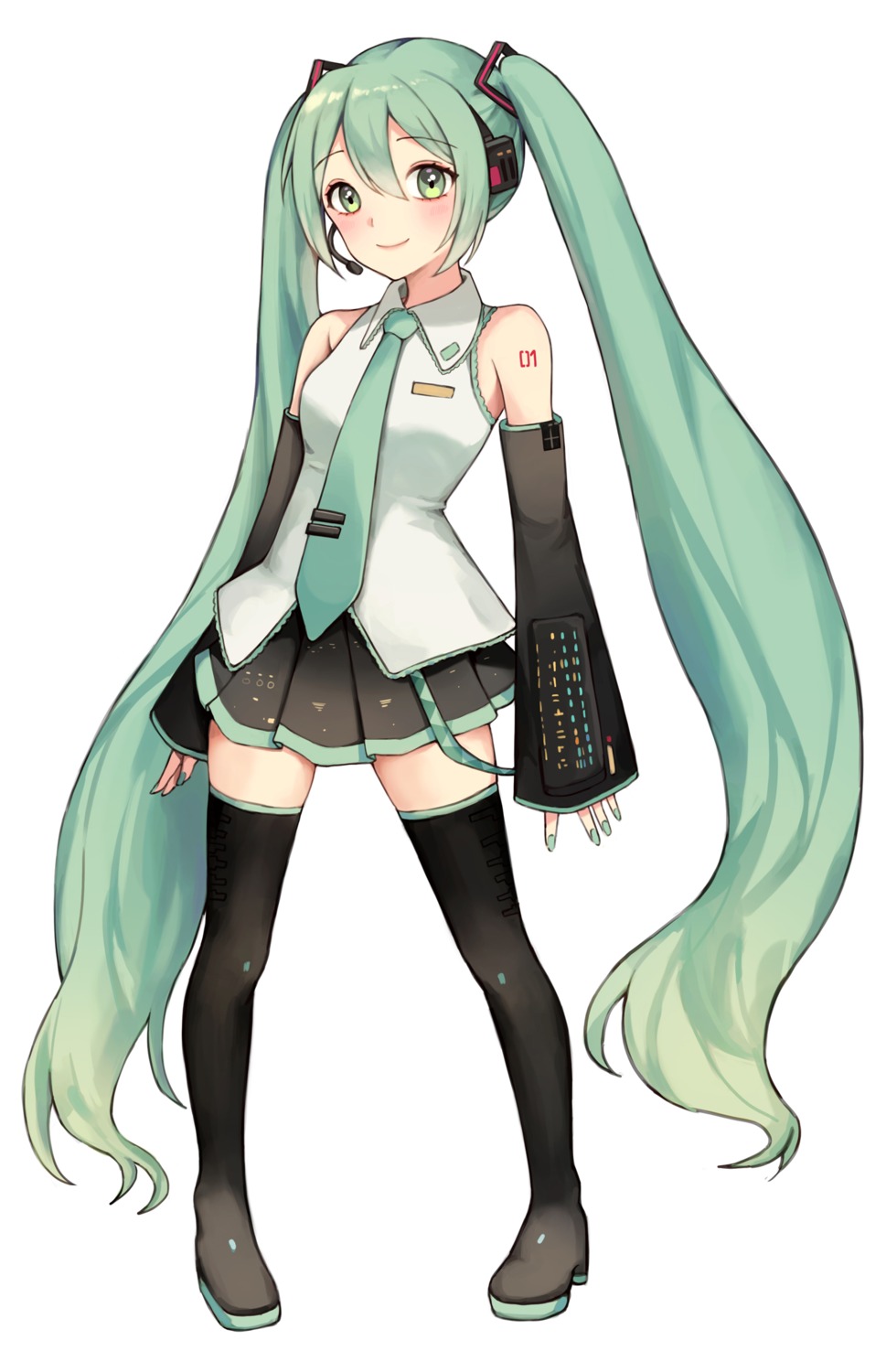 hatsune_miku, headphones, mongkyung, tattoo, thighhighs, vocaloid