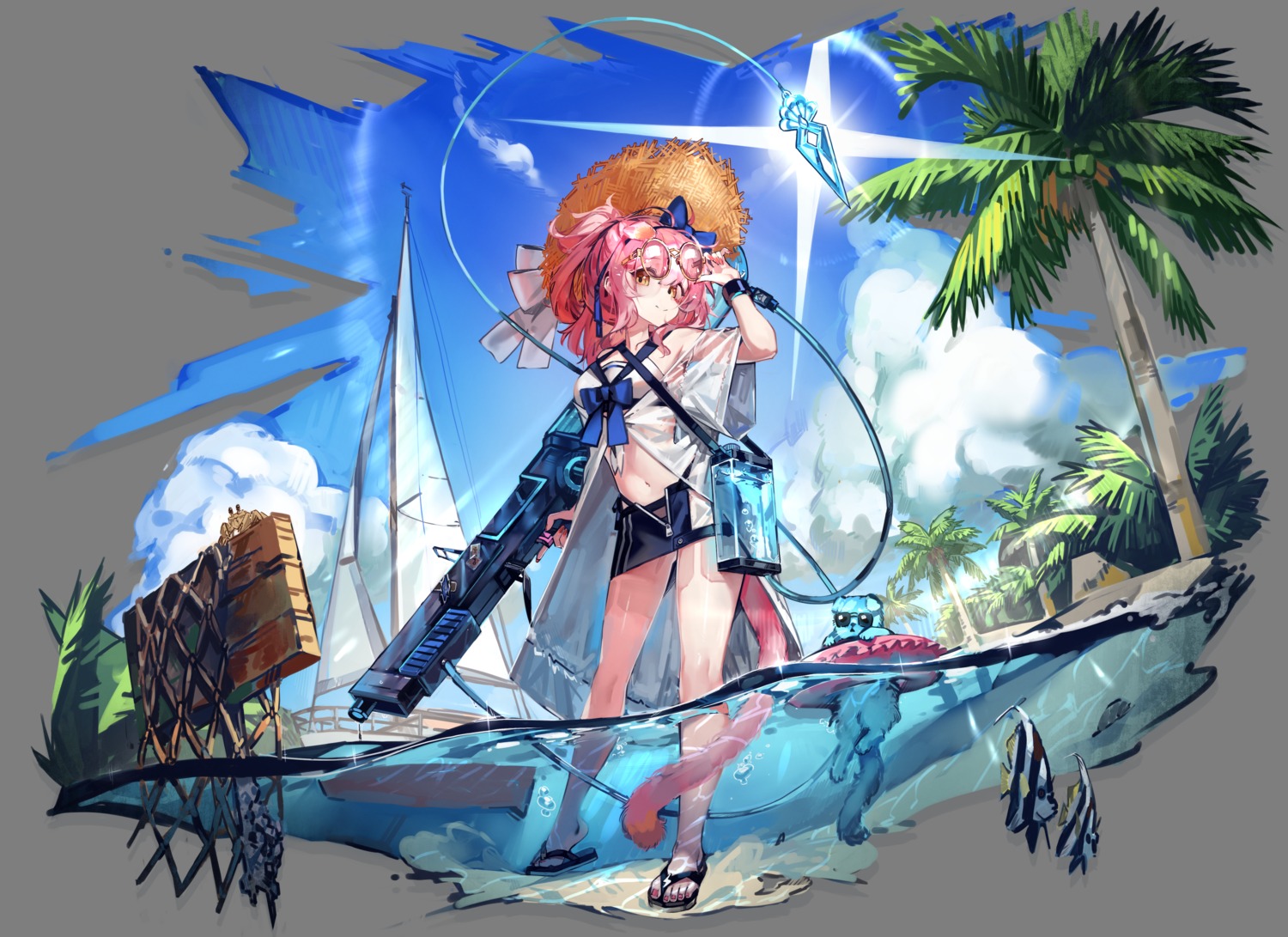 arknights, bikini, goldenglow_(arknights), gun, libiadan, megane, open_shirt, see_through