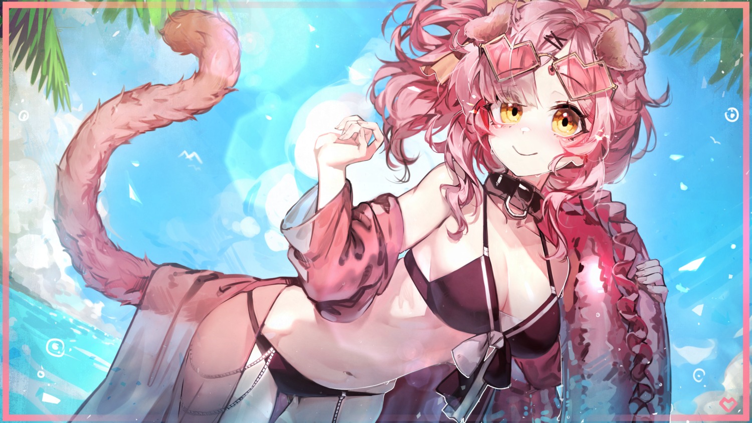 animal_ears, arknights, bikini, goldenglow_(arknights), libiadan, megane, open_shirt, see_through