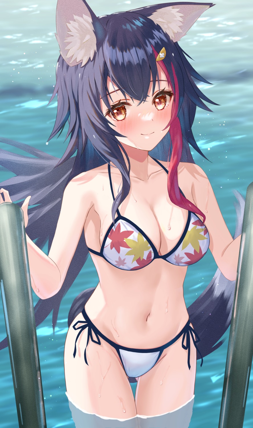 animal_ears, bikini, hololive, hololive_gamers, ookami_mio, swimsuits, tail, togemaru, wet