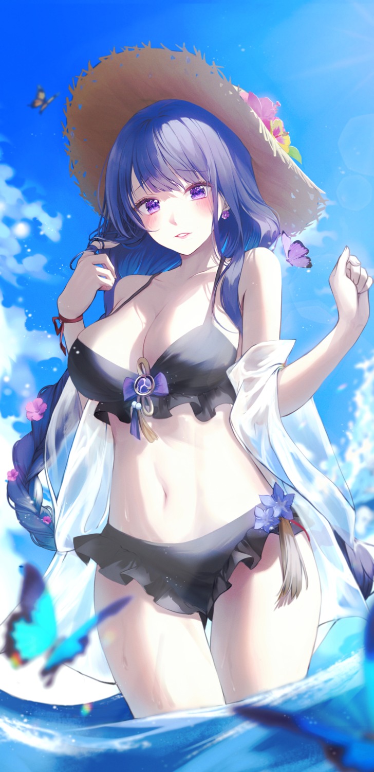 bikini, genshin_impact, iro_(iro_252_), open_shirt, raiden_shogun, see_through, swimsuits, wet, wet_clothes