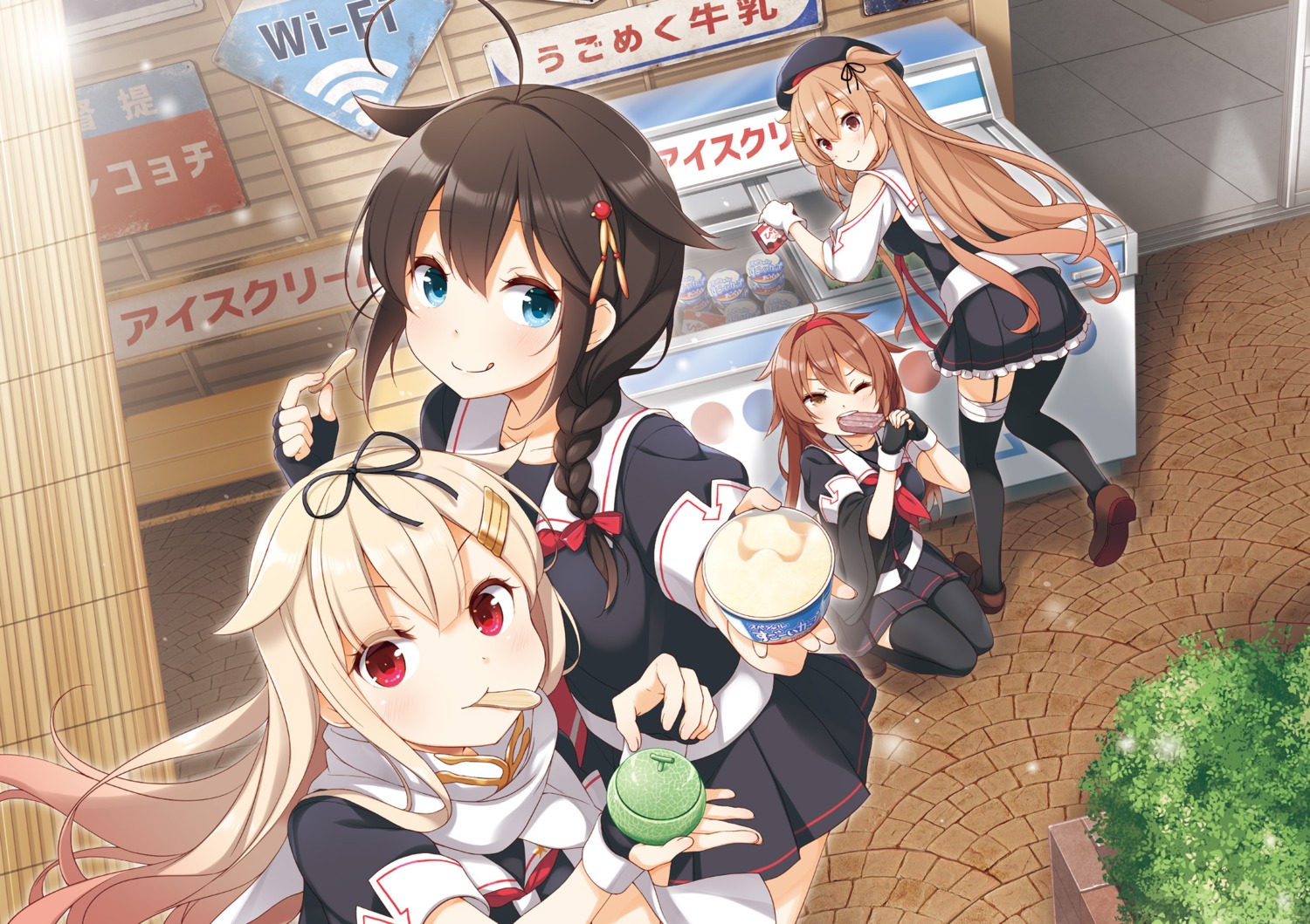 bandages, kantai_collection, murasame_(kancolle), seifuku, shigure_(kancolle), shiratsuyu_(kancolle), stockings, thighhighs