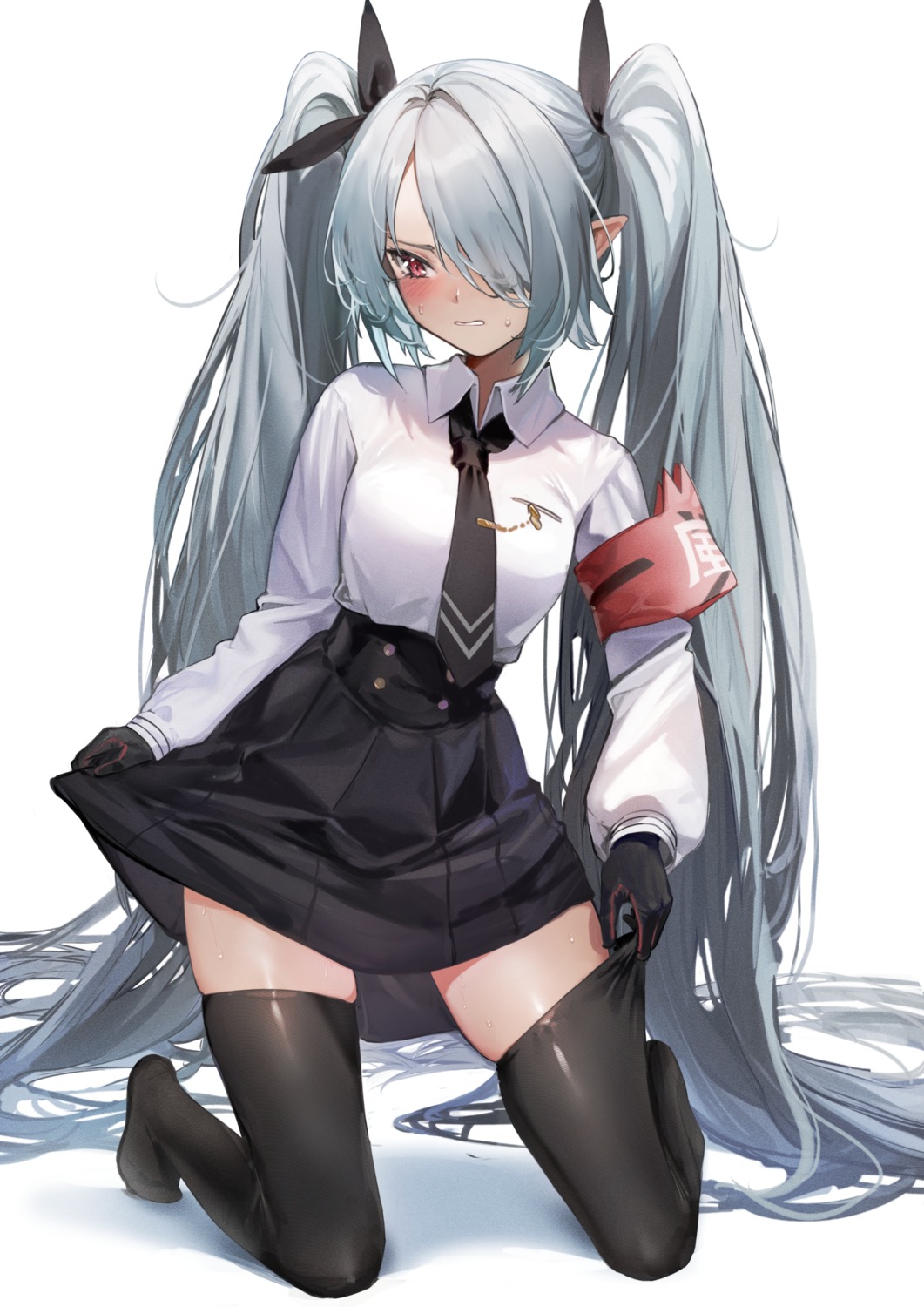 blue_archive, hiiragi_mikoto, pointy_ears, seifuku, shiromi_iori, thighhighs, undressing