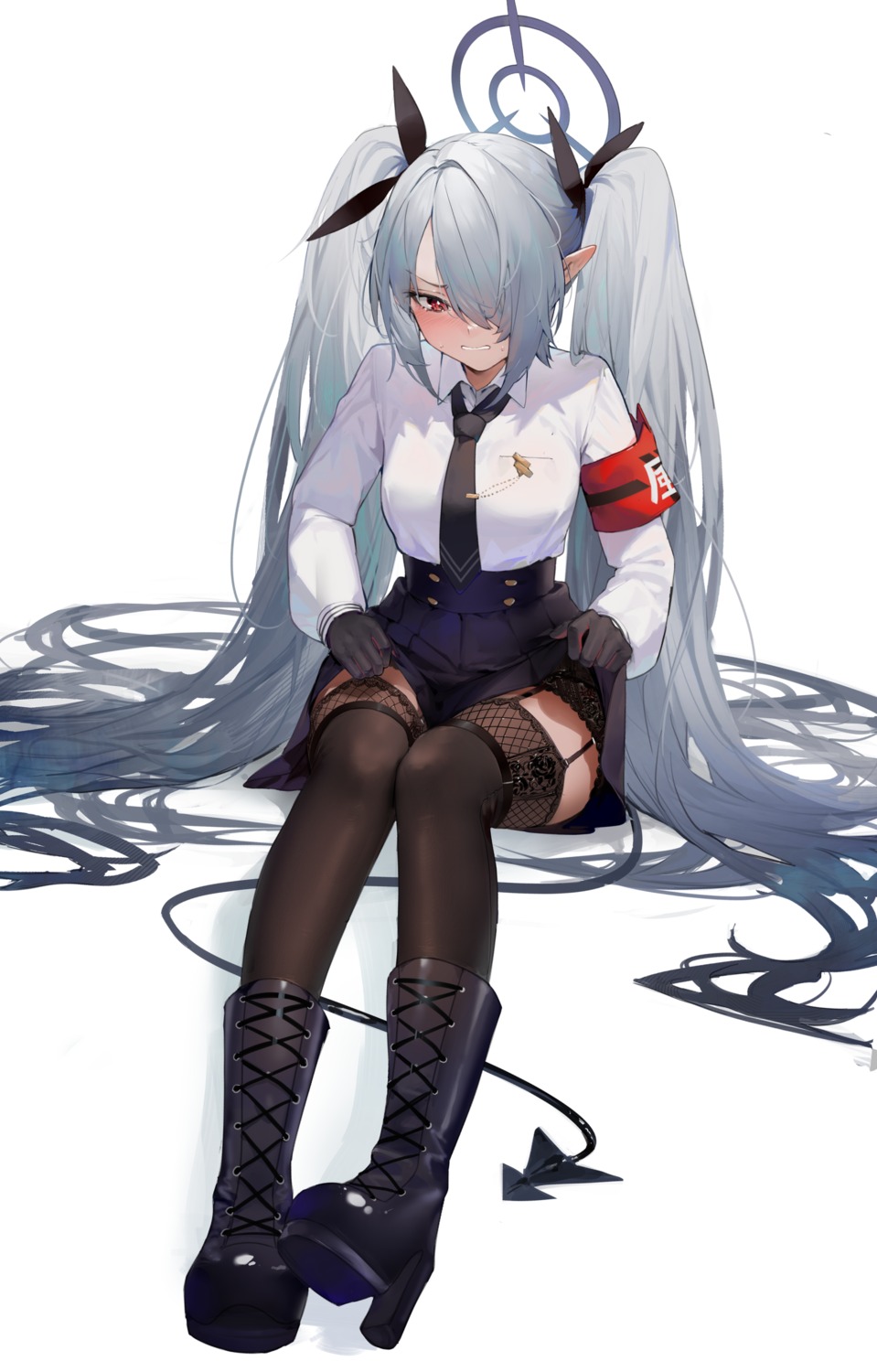 blue_archive, fishnets, halo, heels, hiiragi_mikoto, pointy_ears, seifuku, shiromi_iori, skirt_lift, stockings, tail, thighhighs