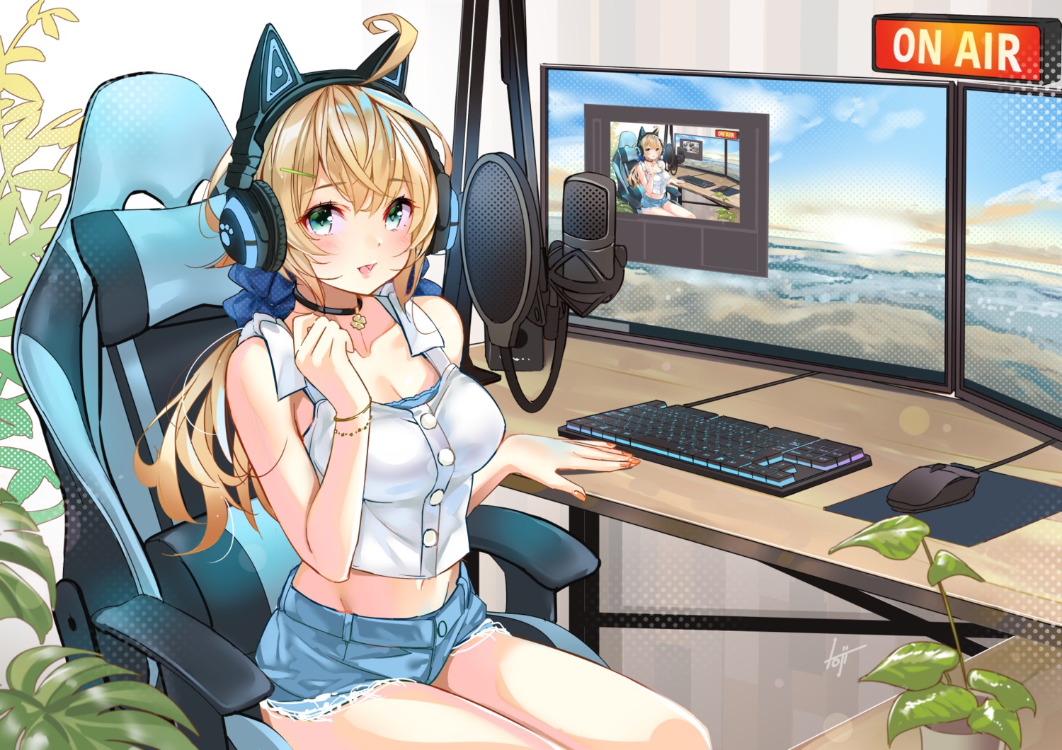 animal_ears, cleavage, headphones, koji_(kojikojimdw), nekomimi, torn_clothes