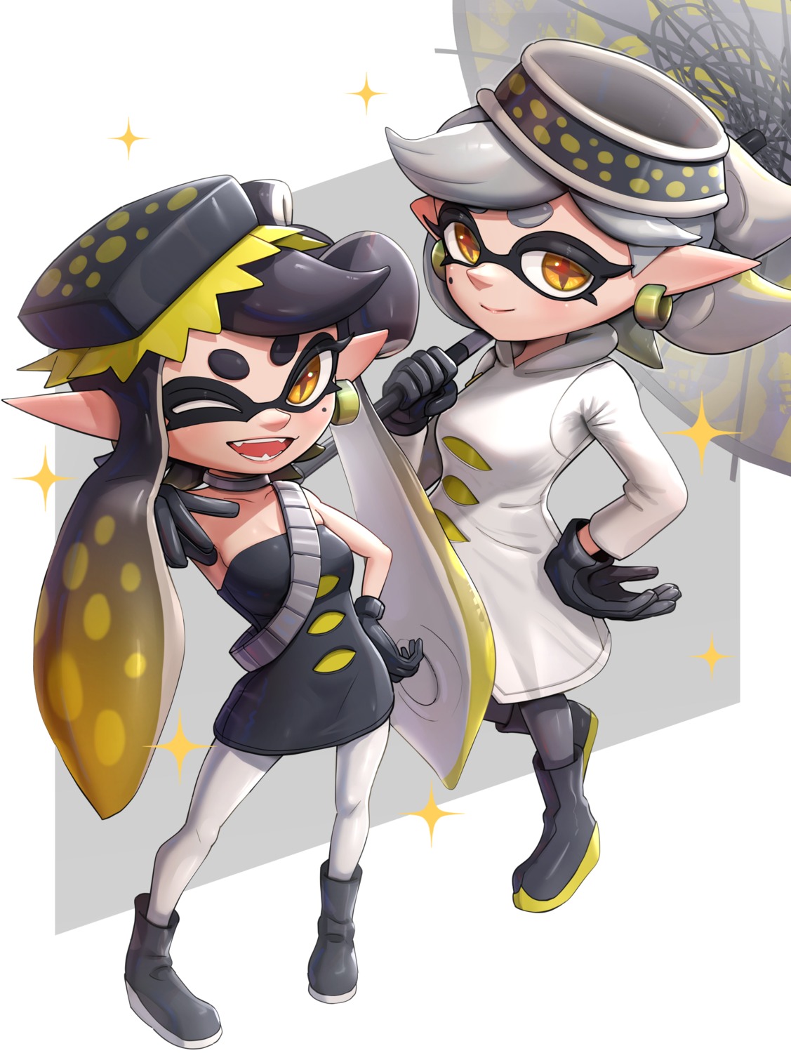 callie_(splatoon), dress, gonzarez, marie_(splatoon), no_bra, pantyhose, pointy_ears, splatoon