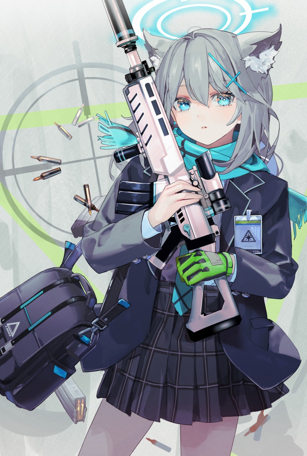 animal_ears, blue_archive, gun, halo, nekomimi, nik_ibi, seifuku, sunaookami_shiroko