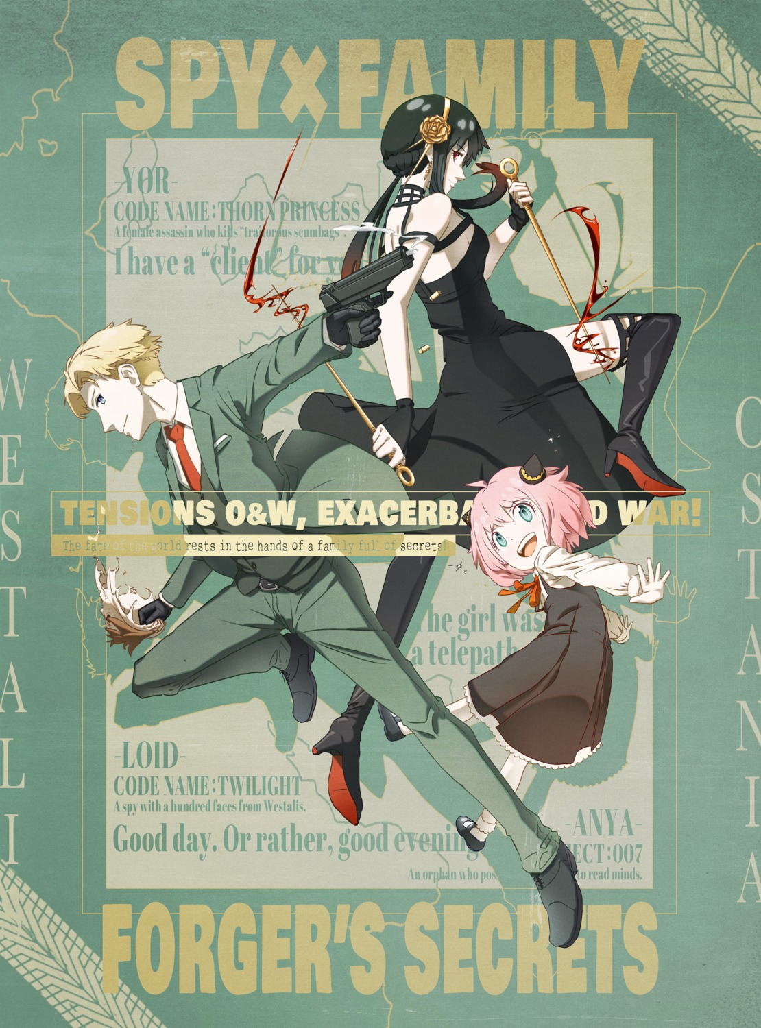 anya_forger, business_suit, chrisdraw1360, dress, gun, heels, loid_forger, seifuku