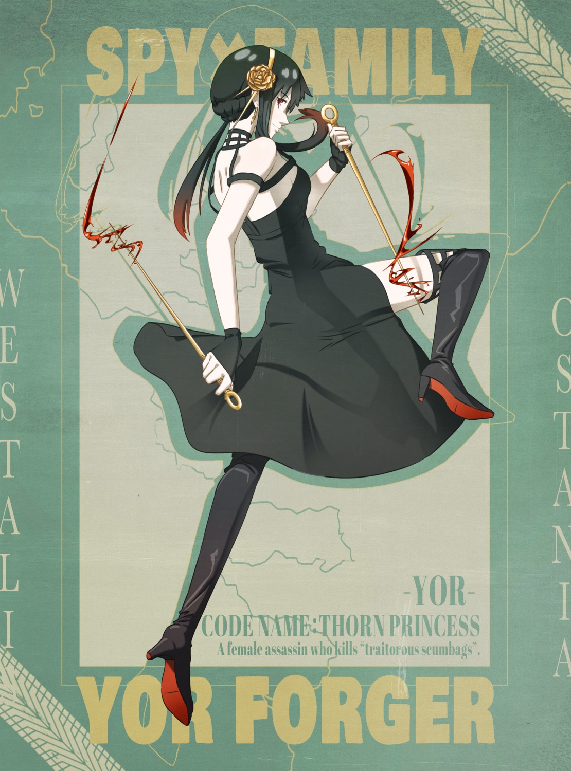 chrisdraw1360, dress, heels, spy_x_family, thighhighs, weapon, yor_briar