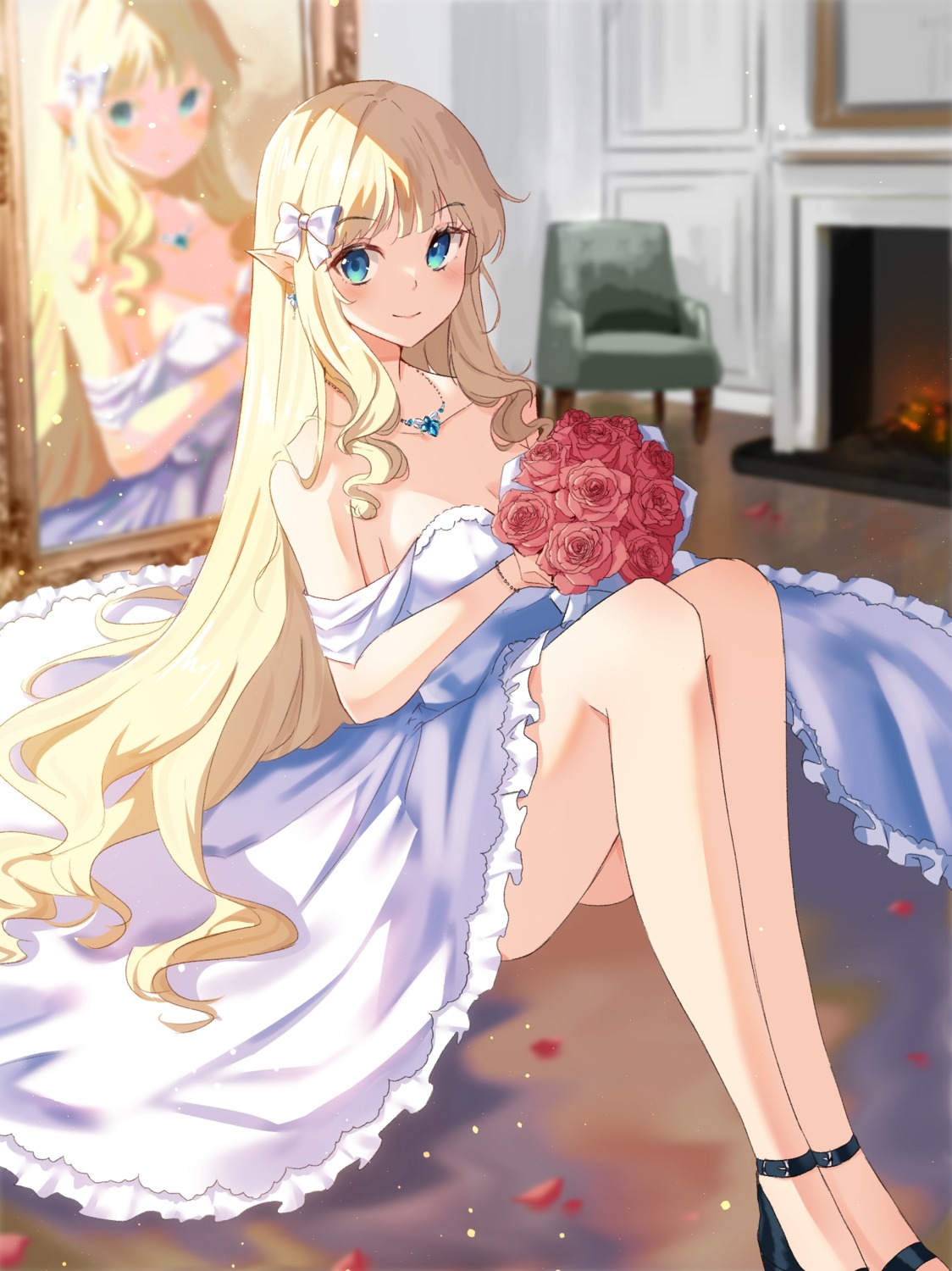 dress, holmemee, no_bra, pointy_ears, princess_connect!, princess_connect!_re:dive, sasaki_saren, wedding_dress