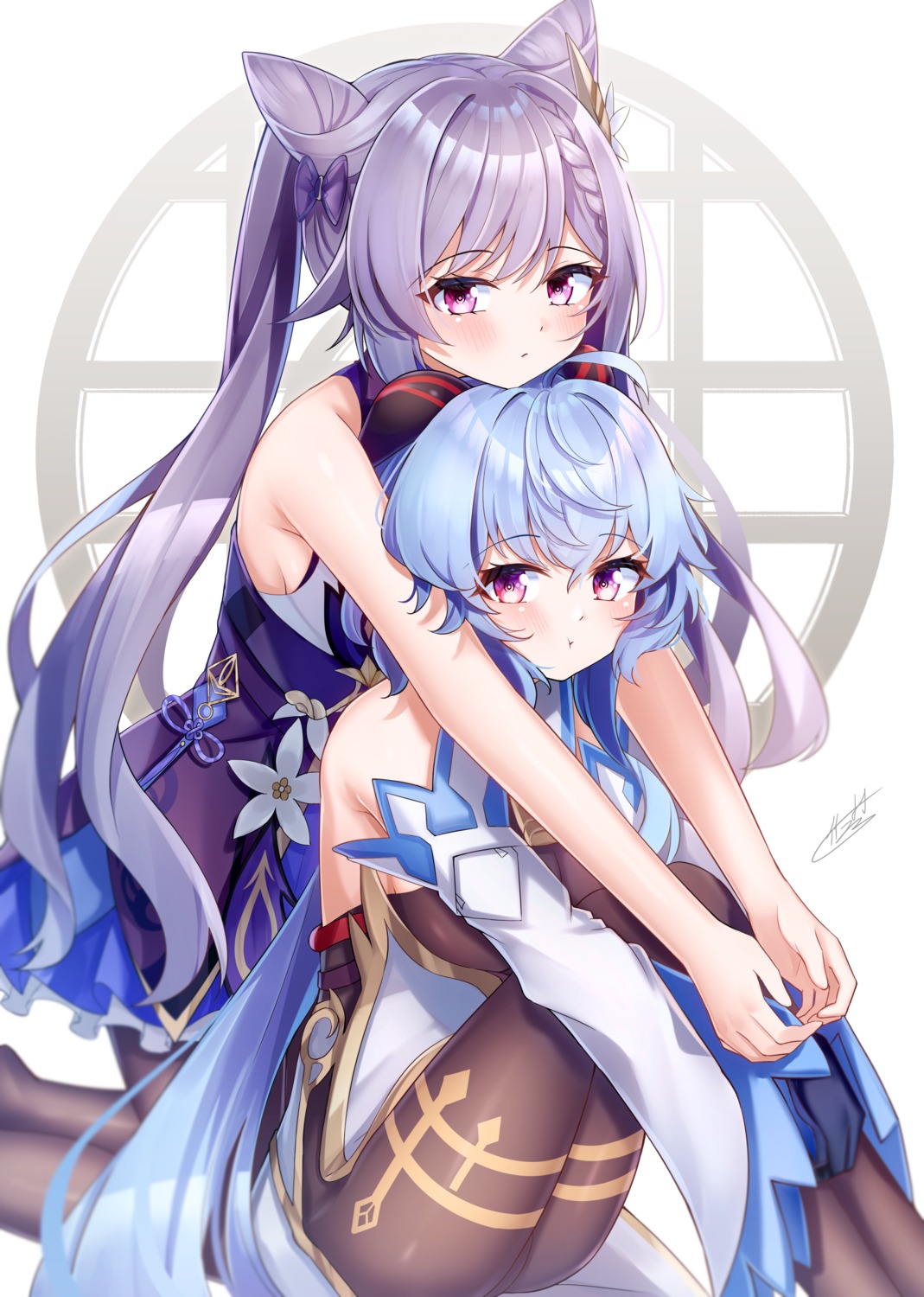 asian_clothes, ganyu, genshin_impact, horns, keqing, pantyhose, takemura_kou