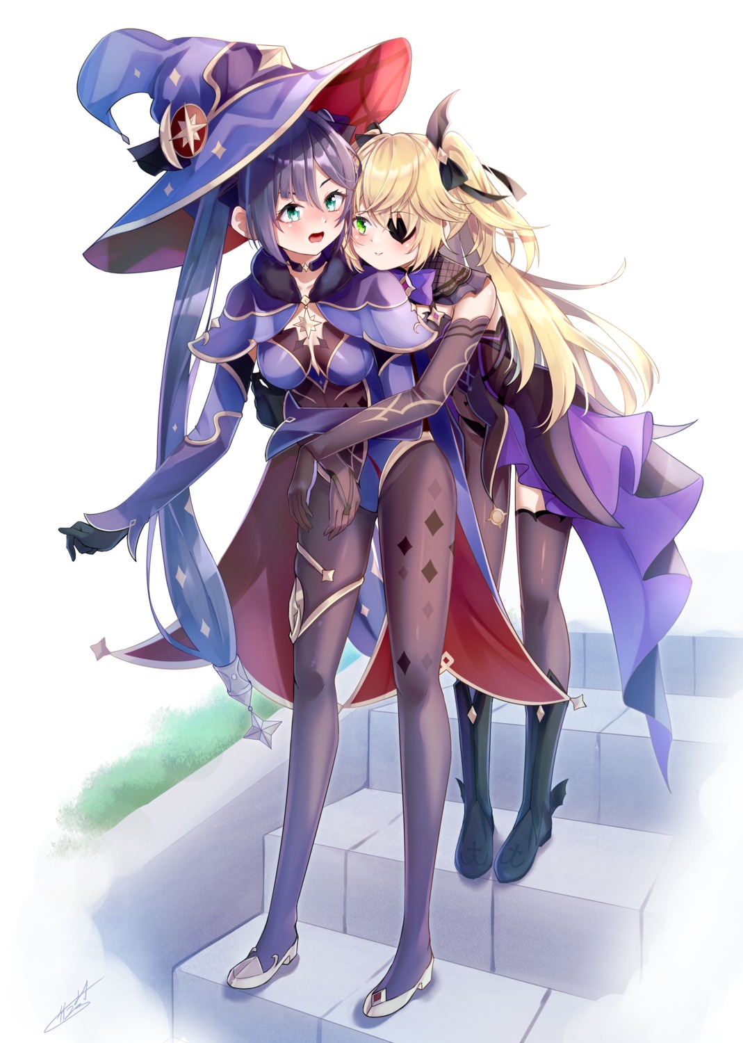 cleavage, dress, eyepatch, fischl, garter, genshin_impact, leotard, mona_megistus