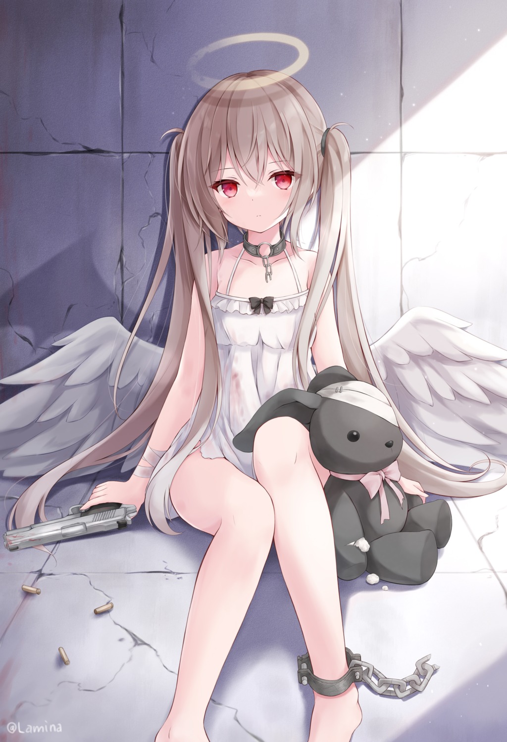 angel, bandages, blood, dress, gun, kata_rosu, torn_clothes, wings