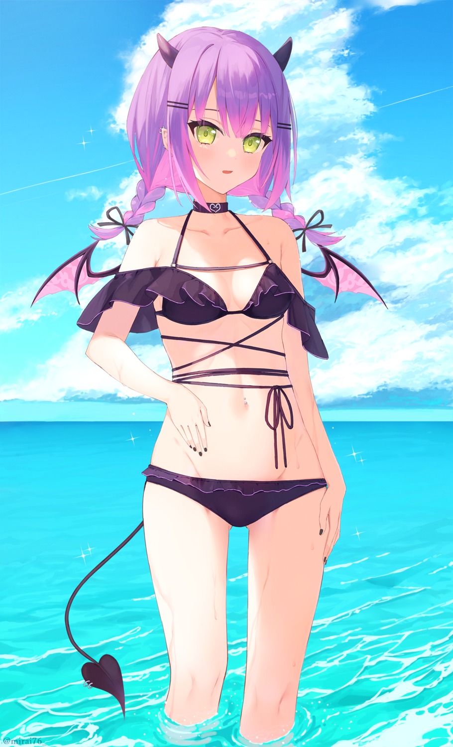 bikini, hololive, horns, mirai_(mirai76_), pointy_ears, swimsuits, tail, tokoyami_towa