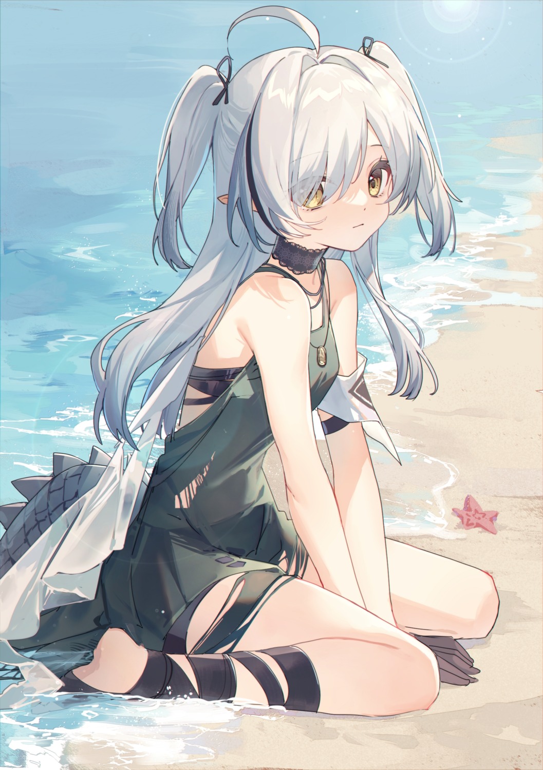 arknights, dress, pointy_ears, tomimi_(arknights), torn_clothes, wet, yunweishukuang
