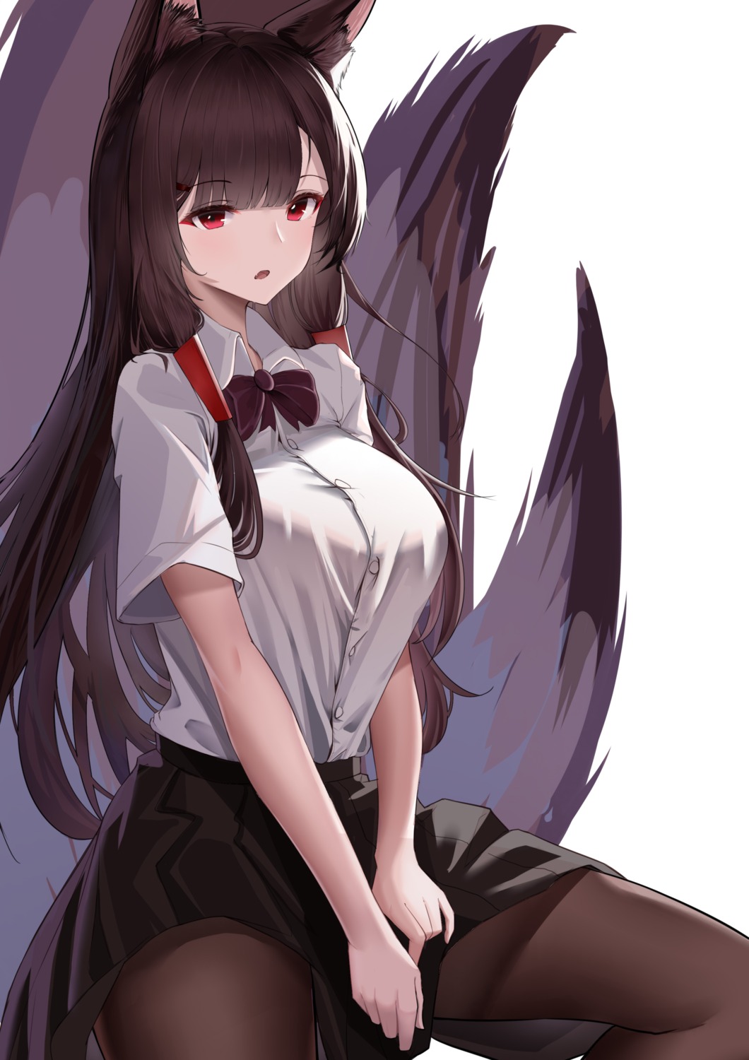 akagi_(azur_lane), animal_ears, azur_lane, kitsune, pantyhose, seifuku, tail, xianggu_wu_yan