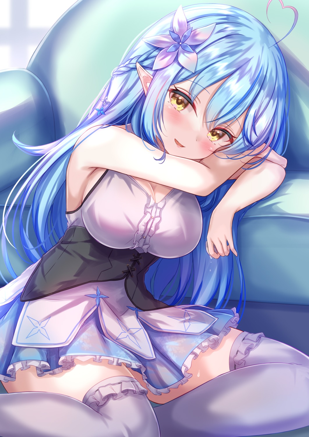 cleavage, elf, hololive, no_bra, pointy_ears, thighhighs, yuano, yukihana_lamy