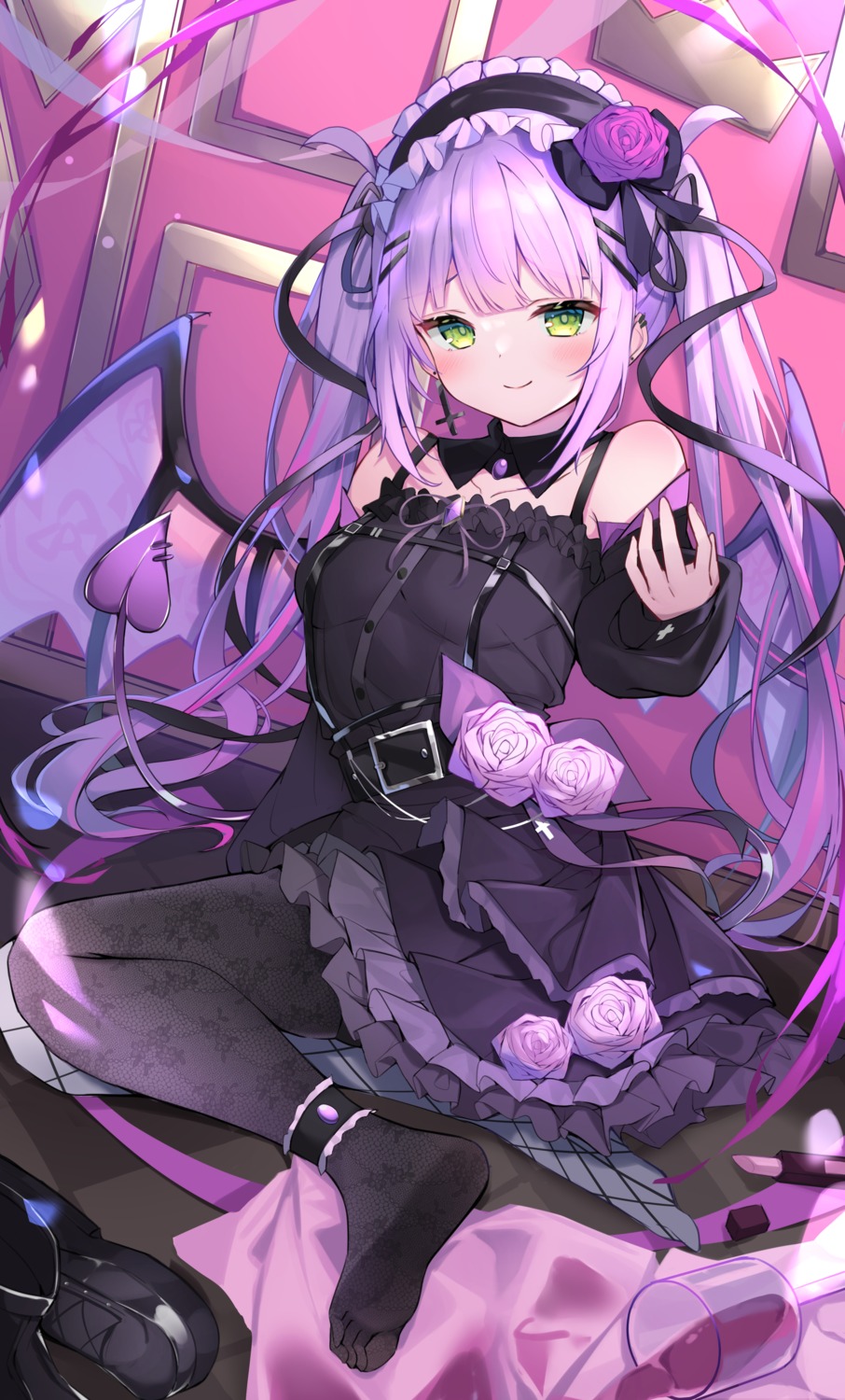 dress, fishnets, garter, gothic_lolita, haidollo, hololive, lolita_fashion, pantyhose, tail, tokoyami_towa, wings