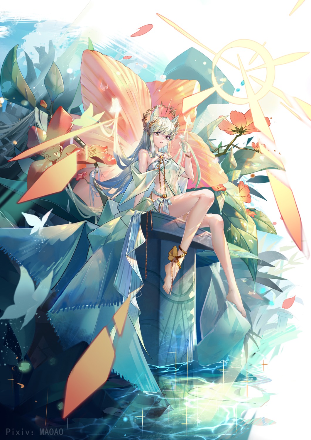 animal_ears, arknights, bikini, feet, garter, maoao, platinum_(arknights), see_through, swimsuits, wet