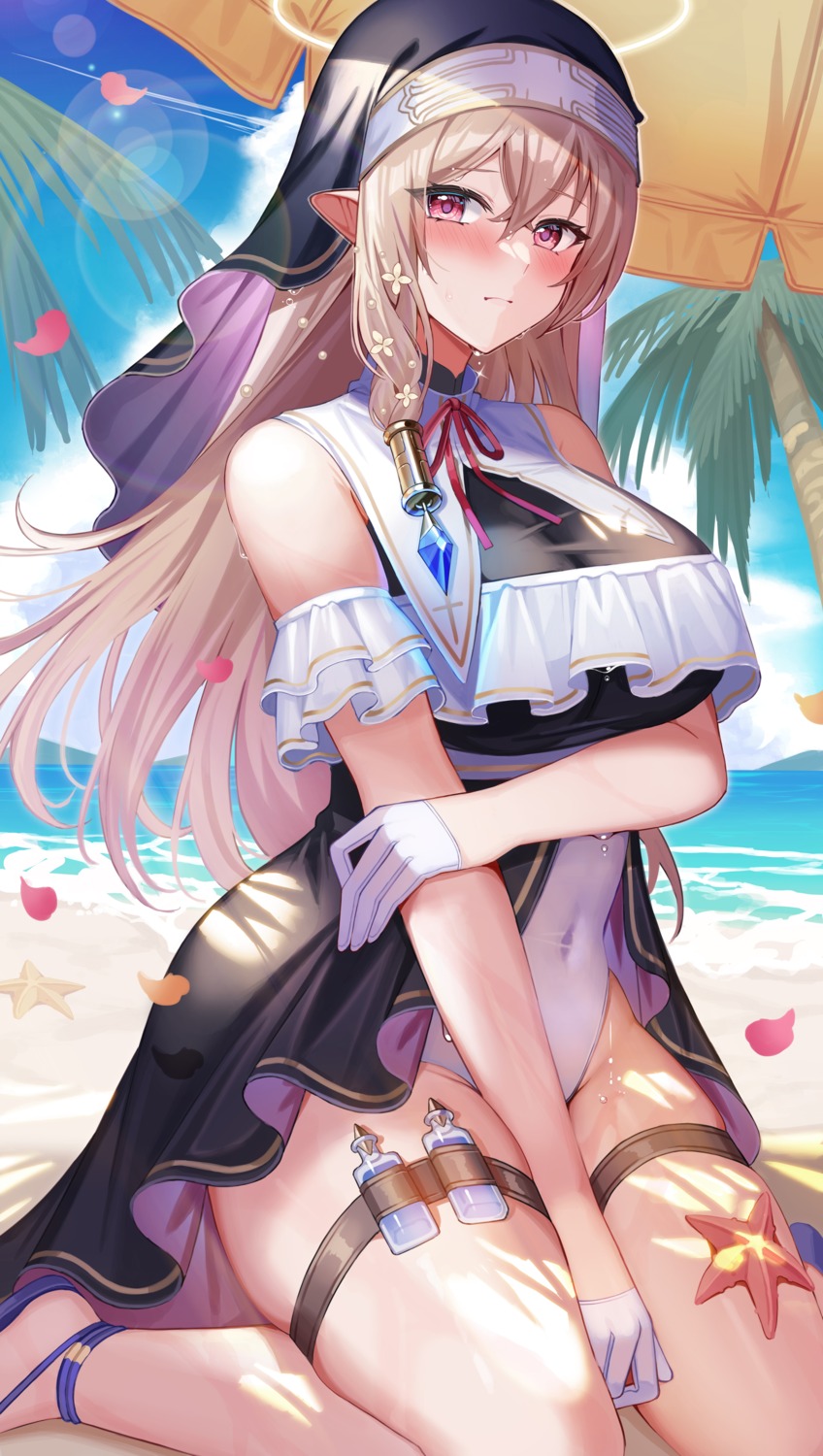 amahara_subaru, angel, garter, nun, pointy_ears, swimsuits, wet