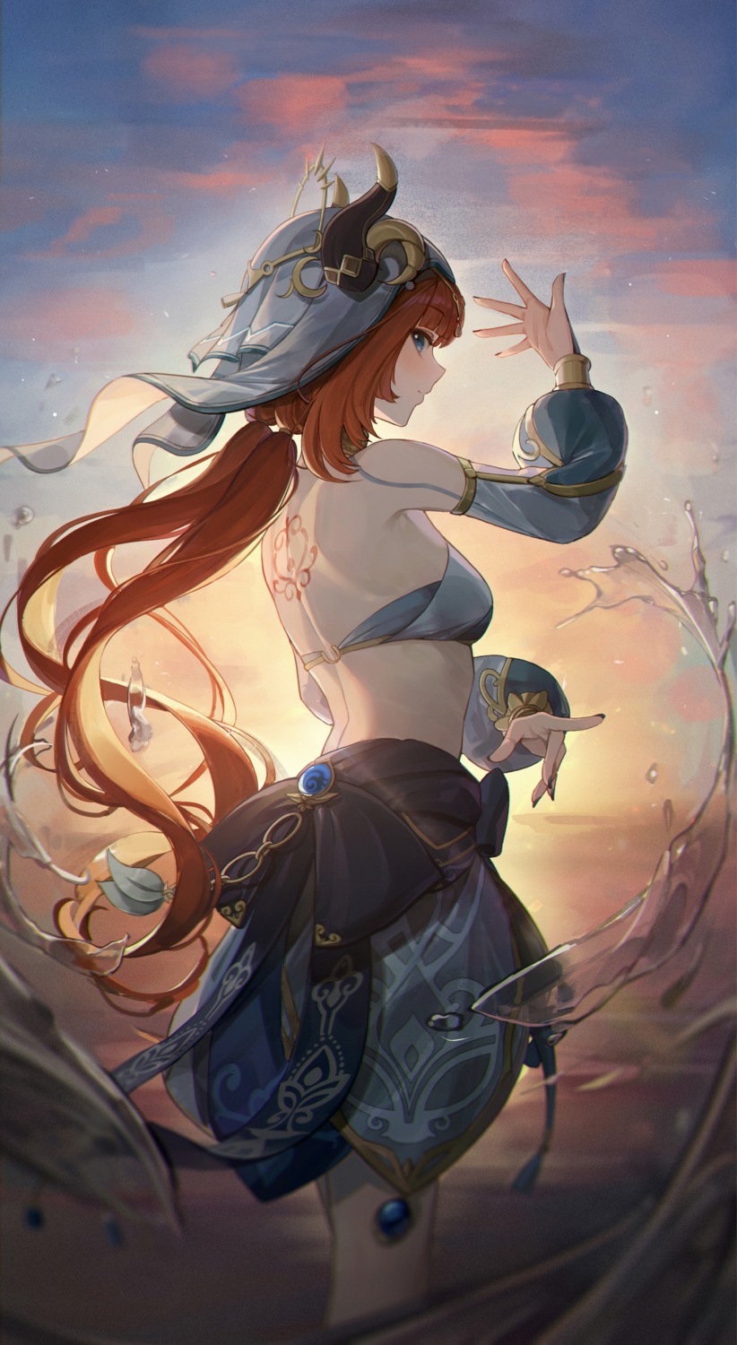 ass, bikini_armor, genshin_impact, horns, lunia_(artist), nilou, tattoo, wet