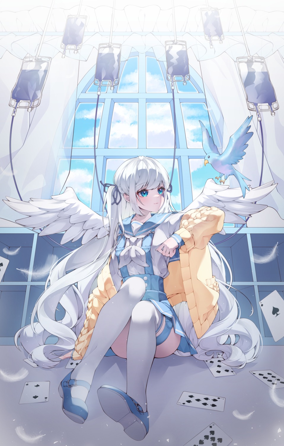 garter, hyunnim01, skirt_lift, sweater, thighhighs, wings