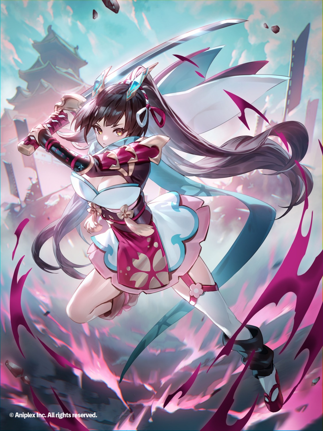 armor, build_divide, japanese_clothes, no_bra, stockings, sword, tagme, thighhighs