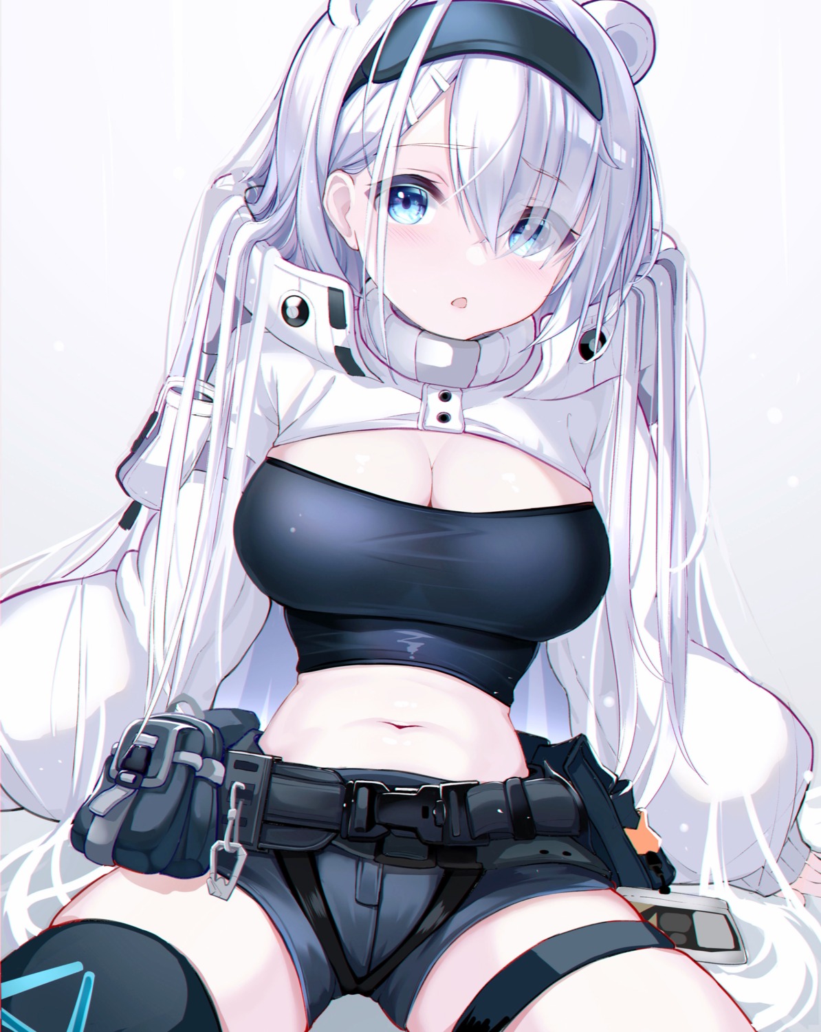animal_ears, arknights, aurora_(arknights), cleavage, eeea, garter, thighhighs