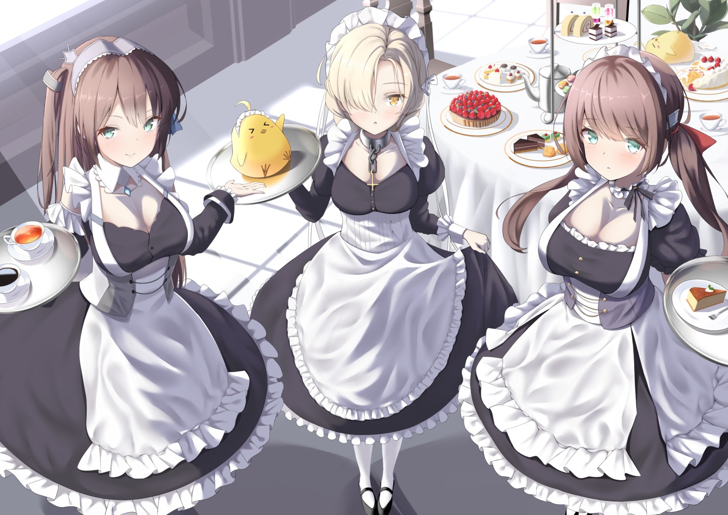 azur_lane, cien_(shikanokuni), cleavage, glasgow_(azur_lane), maid, manjuu_(azur_lane), newcastle_(azur_lane), sheffield_(azur_lane)