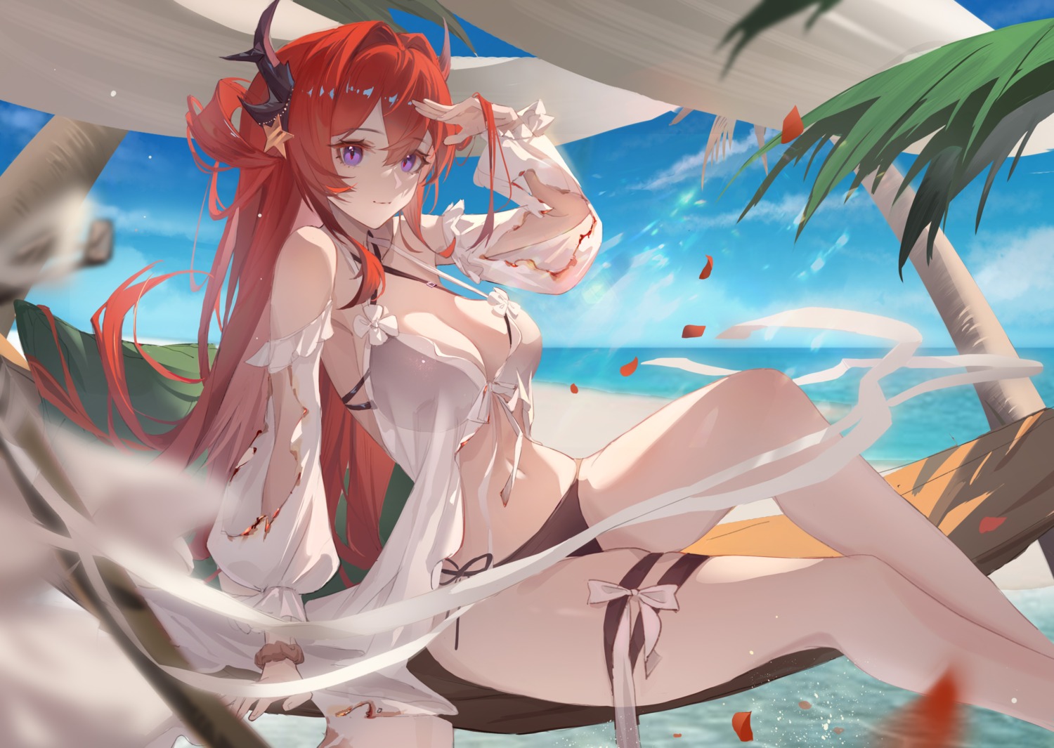 arknights, bikini, bilibilida, garter, horns, see_through, surtr_(arknights), swimsuits, torn_clothes