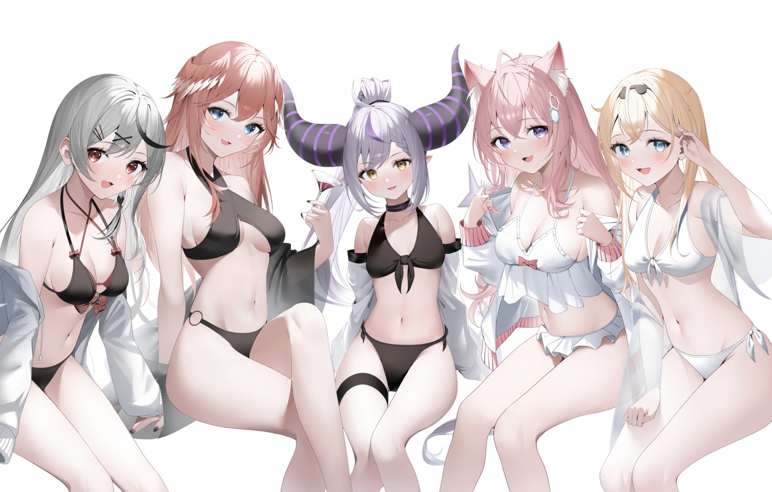 animal_ears, bikini, cleavage, garter, hakui_koyori, hololive, horns, kazama_iroha, la+_darknesss, open_shirt, pointy_ears, ryuya, sakamata_chloe, swimsuits, takane_lui, undressing, wings