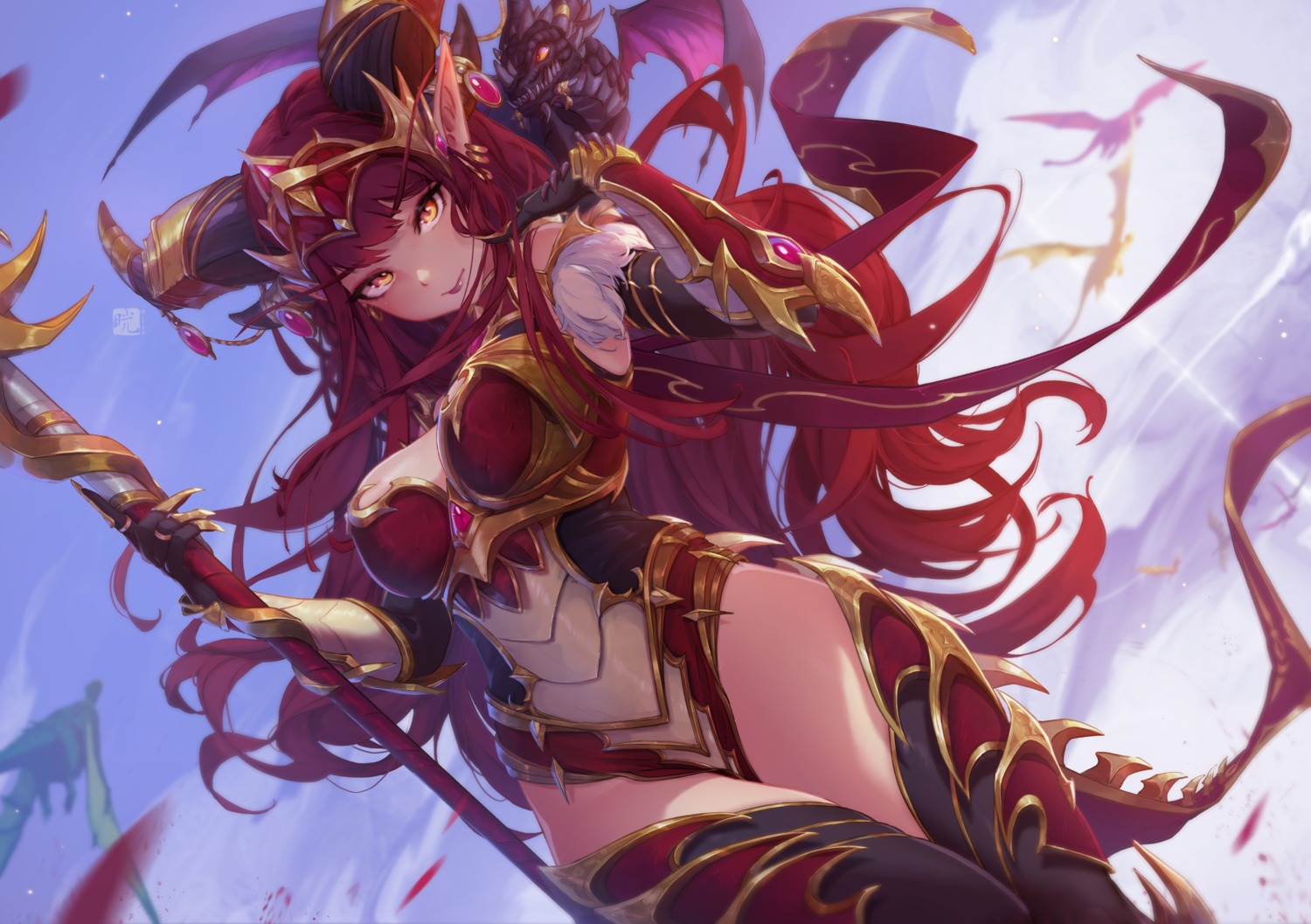 alexstrasza_the_life_binder, armor, horns, mitsu_(mitsu_art), pointy_ears, tail, thighhighs, weapon, world_of_warcraft