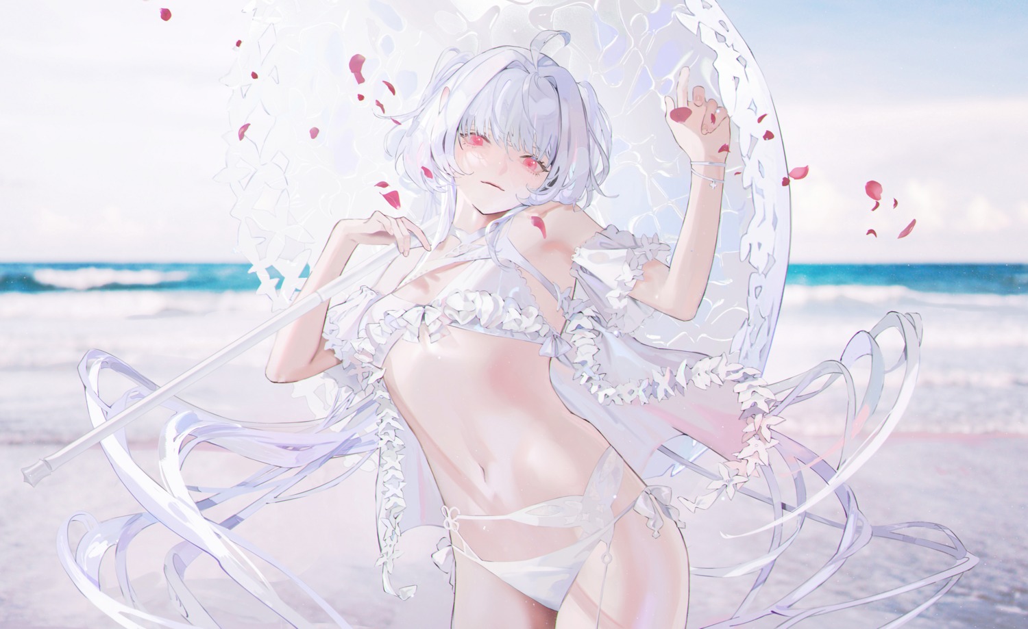 bikini, fate/prototype, fate/stay_night, garter_belt, merlin_(fate/prototype), open_shirt, parai0, pointy_ears, swimsuits